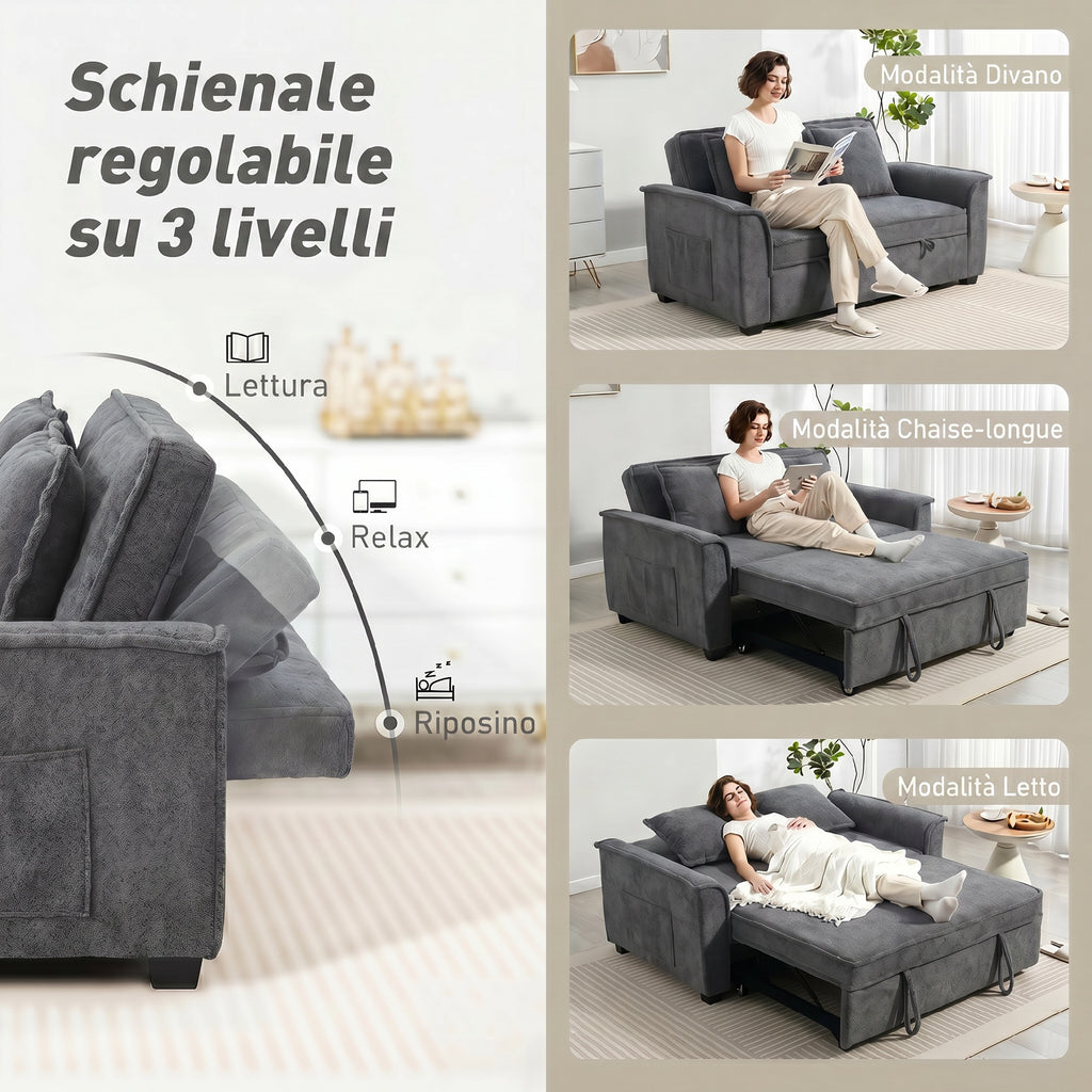 HOMCOM 3-in-1 2-Seater Sofa Bed with 3-Position Adjustable Backrest and 2 Cushions, Chenille, Dark Grey