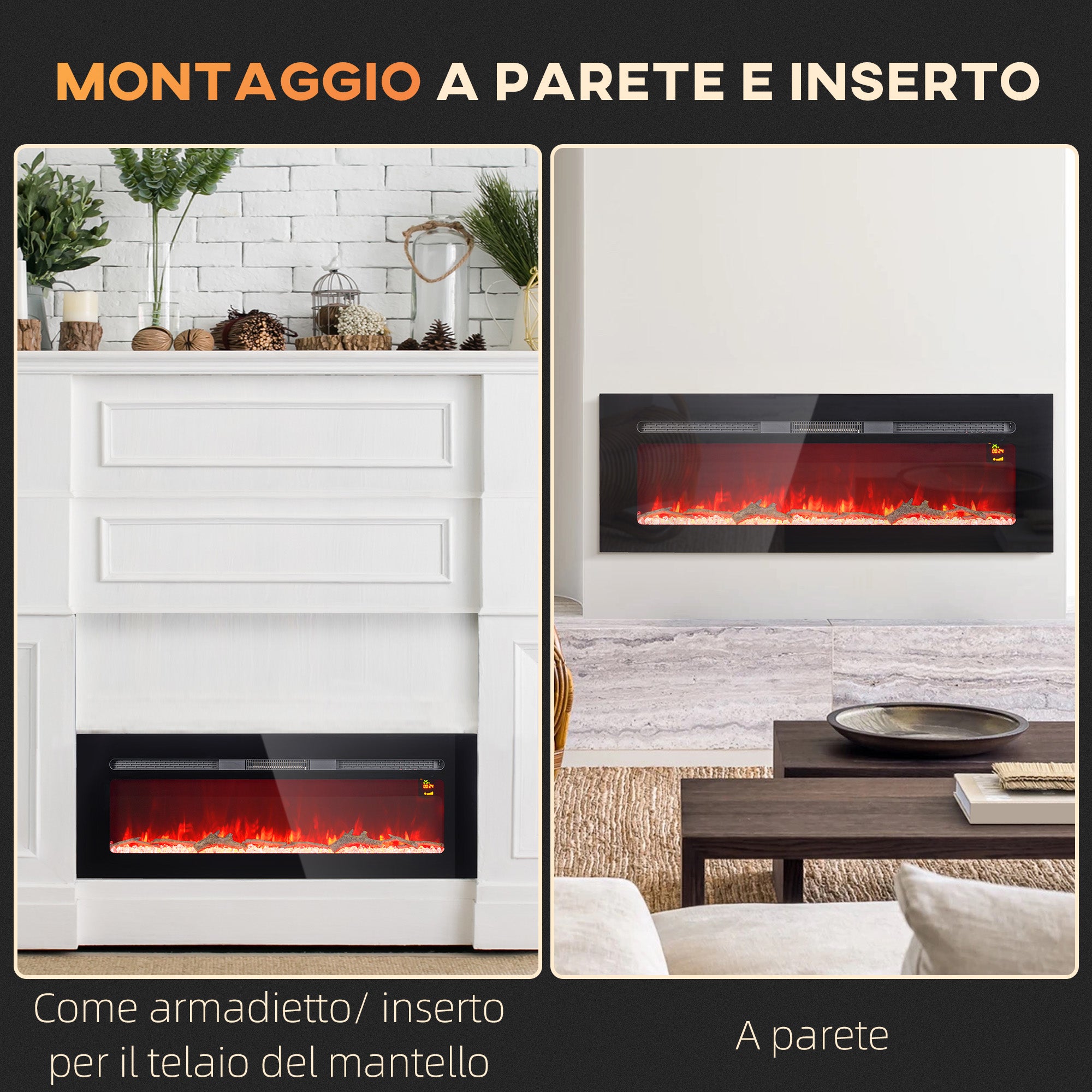 Electric Fireplace 1800W Adjustable with Remote Control, in Steel and Tempered Glass, 127x15.8x45 cm, Black