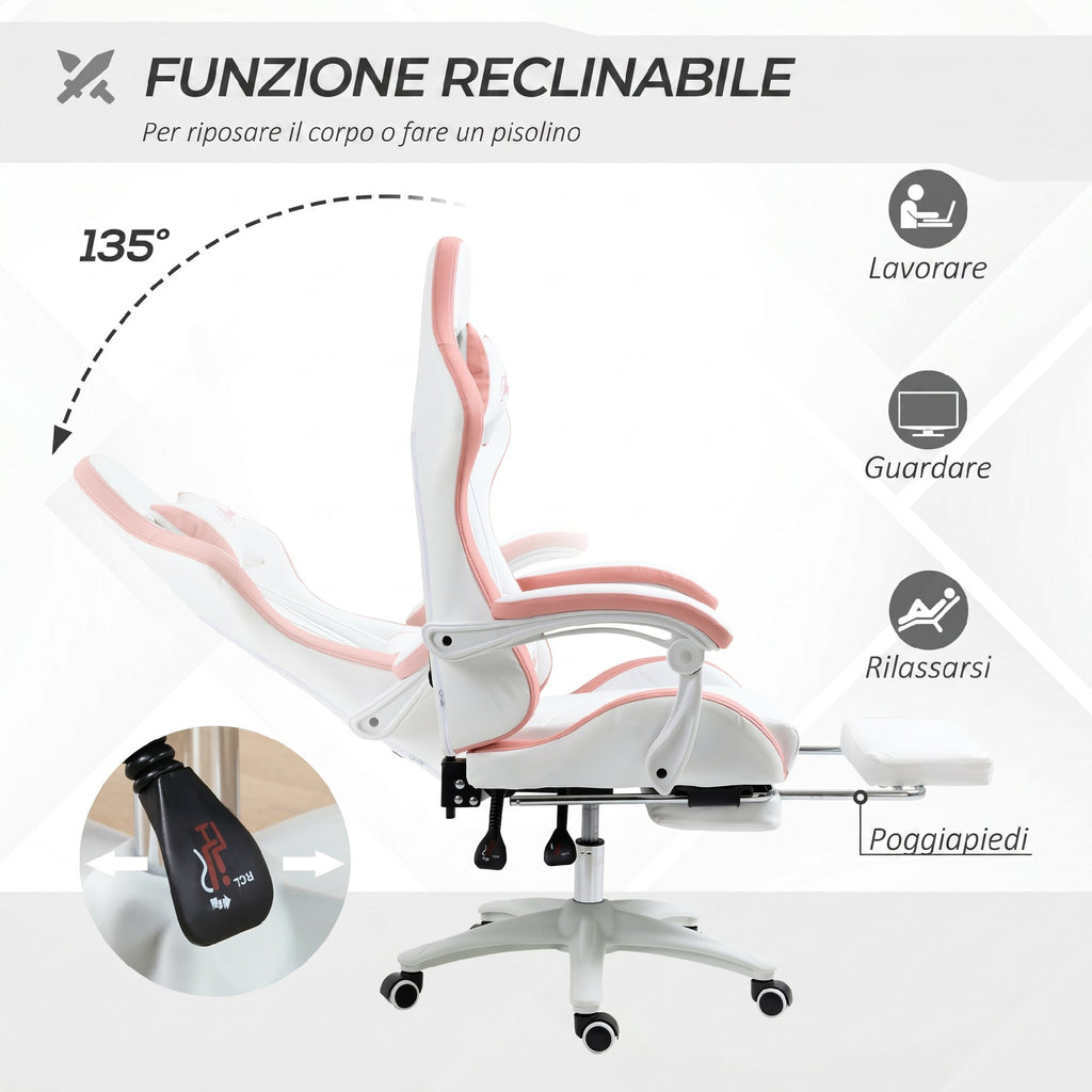Vinsetto Gaming Chair with Adjustable Height and Reclining Backrest, 65x65x121-129 cm, White and Pink