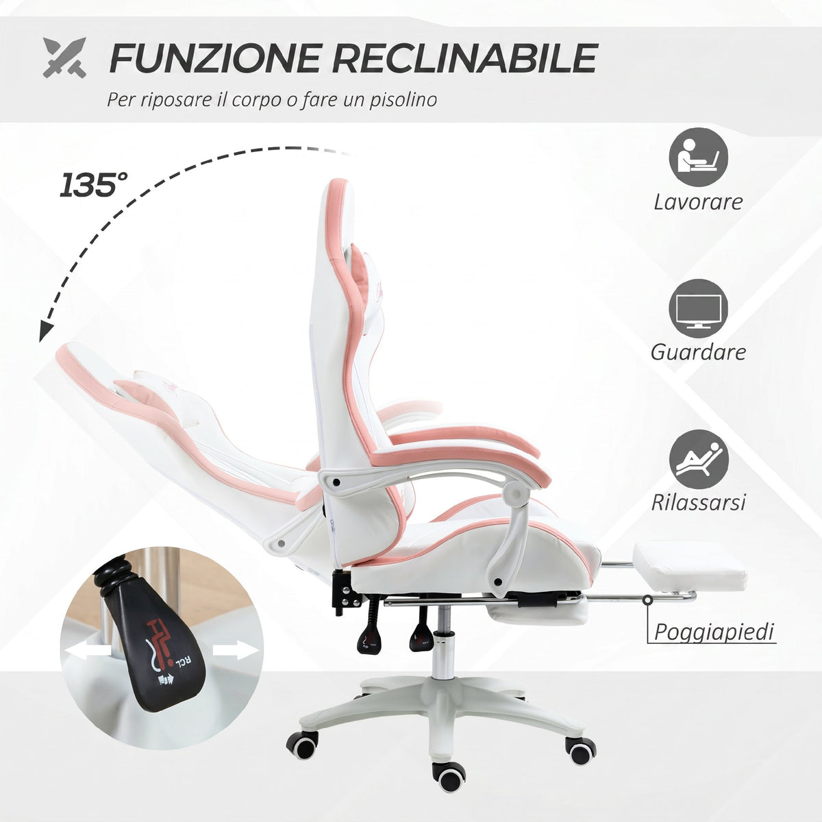 Vinsetto Gaming Chair with Adjustable Height and Reclining Backrest, 65x65x121-129 cm, White and Pink