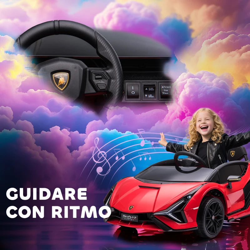 Electric Ride-On Toy Car for Kids 3-5 Years Old 12V Lamborghini SIAN, 3-5km/h Electric Car for Kids with 2 Motors, Headlights and Music, Remote Control, Seat Belt and Horn, Red
