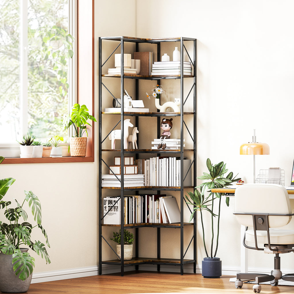 7-Tier Industrial Corner Bookcase, Wood and Steel, 60x60x198 cm, Rustic Brown