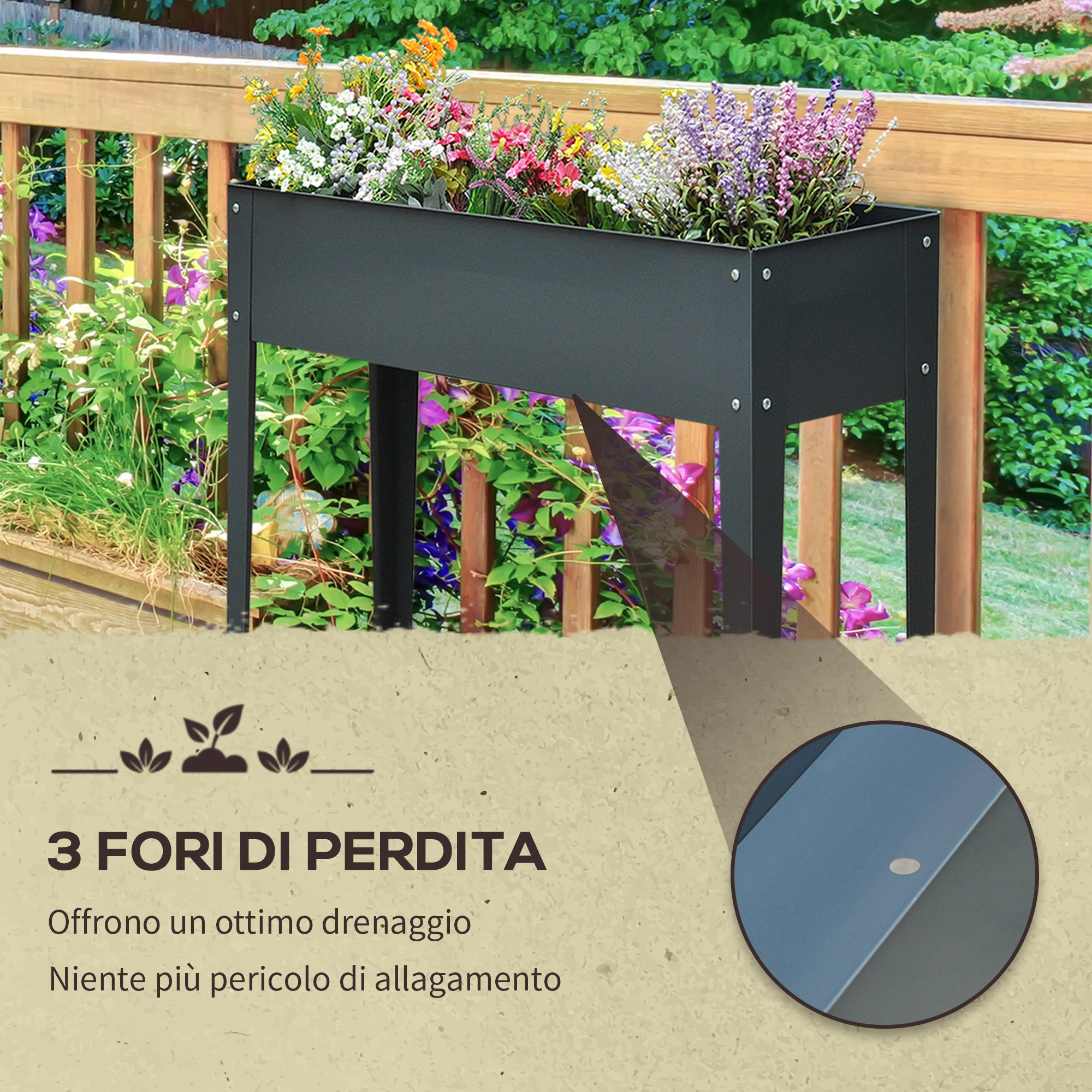 Outsunny Outdoor Fioriera Metal raised with 3 drainage holes, 100x30x80 cm, gray - Borgè