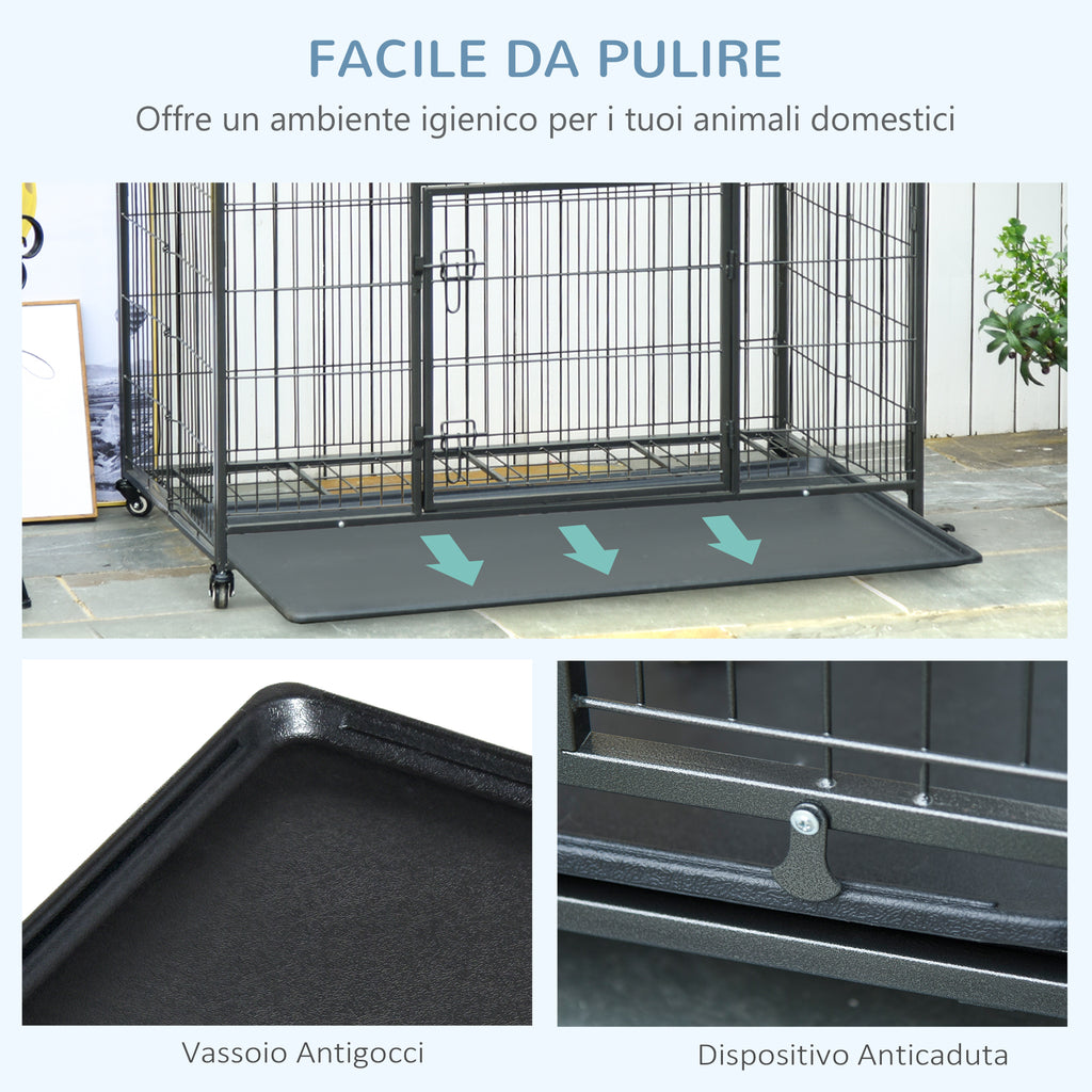 Folding Dog Kennel with Double Door and Lock, 4 Wheels with Brakes and Removable Bottom, 94x58x69.5 cm, Grey