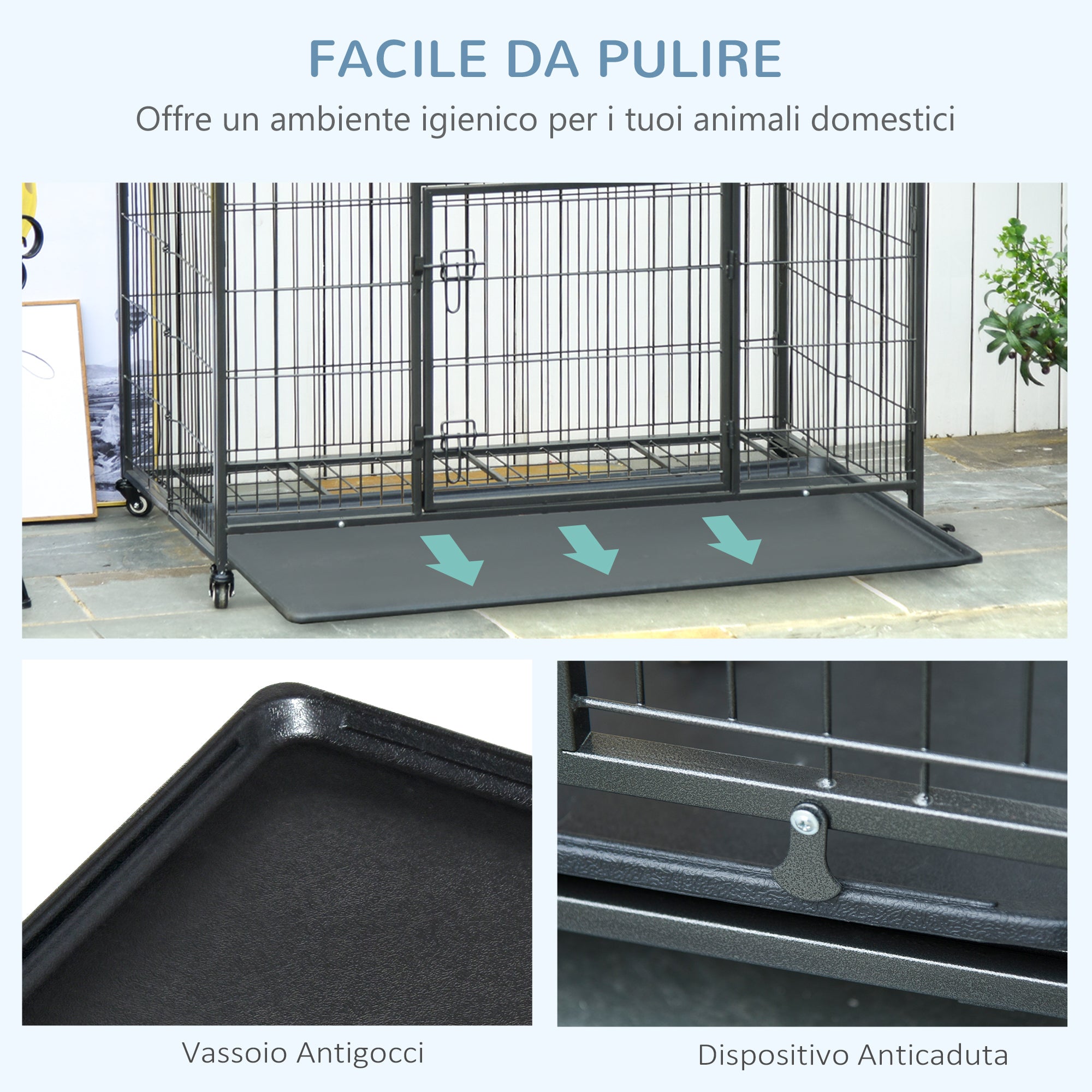 Folding Dog Kennel with Double Door and Lock, 4 Wheels with Brakes and Removable Bottom, 94x58x69.5 cm, Grey