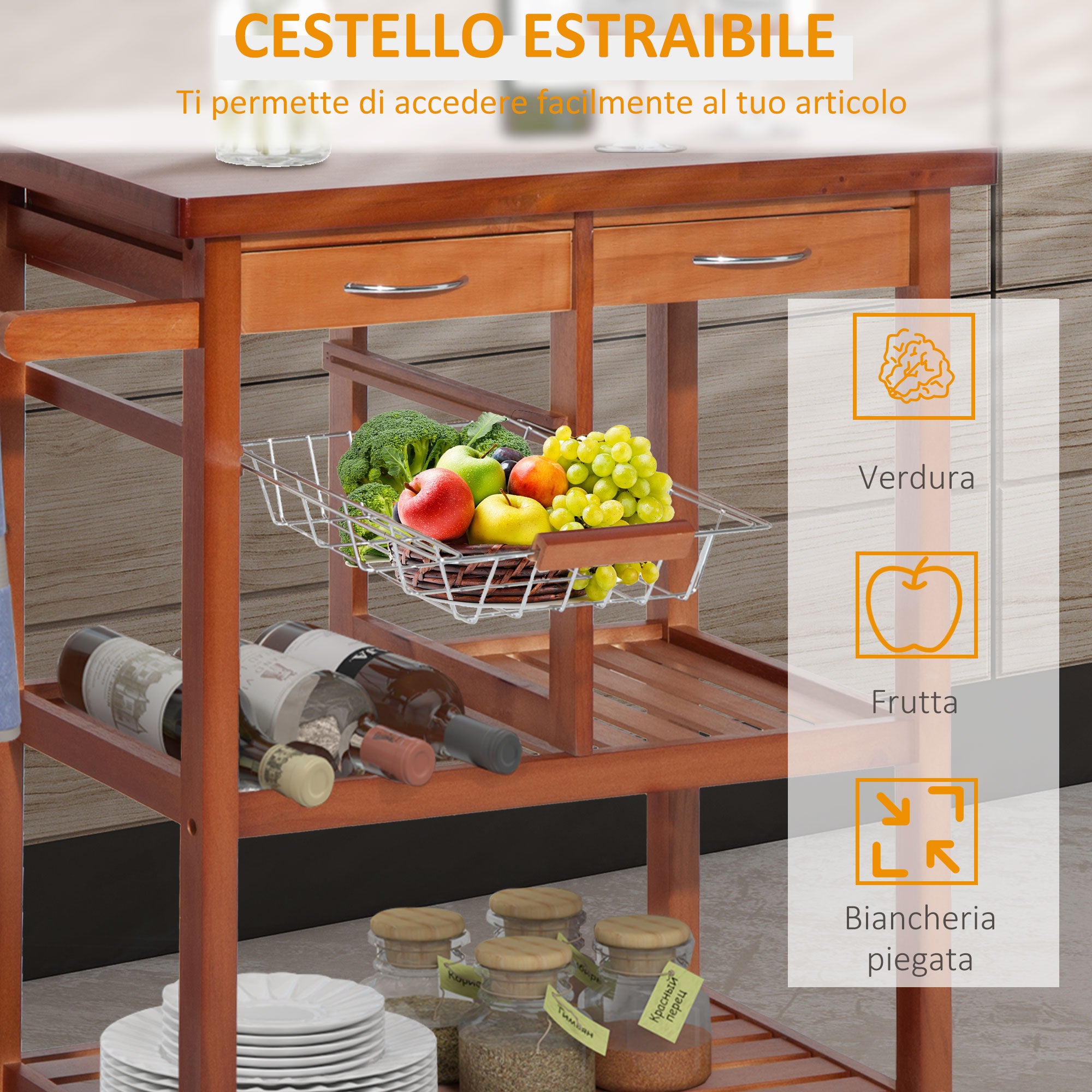 HOMCOM Wooden Kitchen Serving Trolley with Bottle Holder, Basket, 2 Shelves, 2 Drawers, Pine Wood, Durable, Easy to Use, Versatile, 84.5x37.2x85 cm
