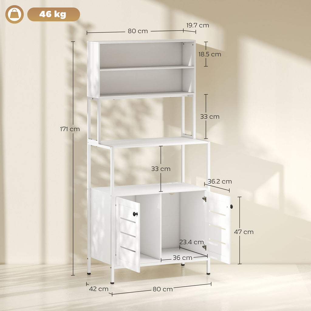 Mobile Pantry with Shelves, Cabinets and 2 Charging Sockets, in Wood and Steel, 80x42x171 cm, White