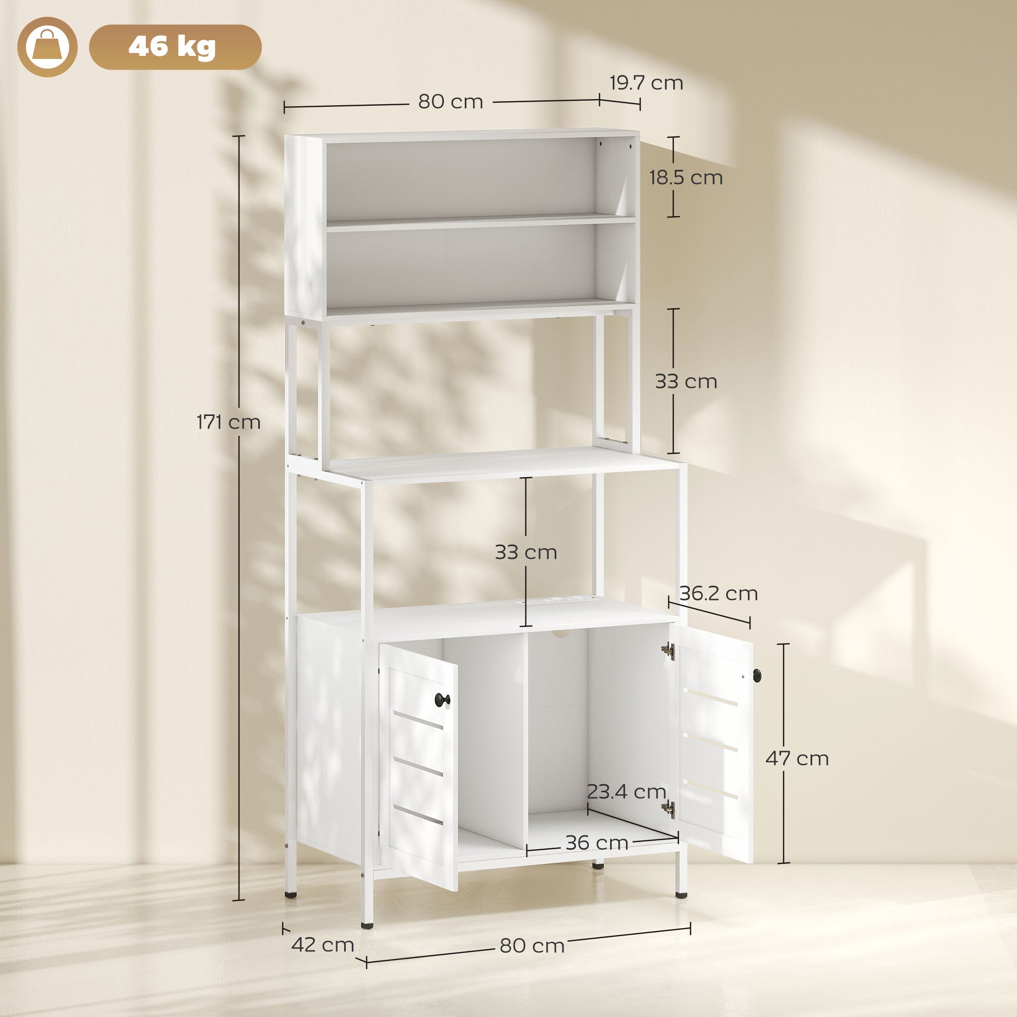 Mobile Pantry with Shelves, Cabinets and 2 Charging Sockets, in Wood and Steel, 80x42x171 cm, White