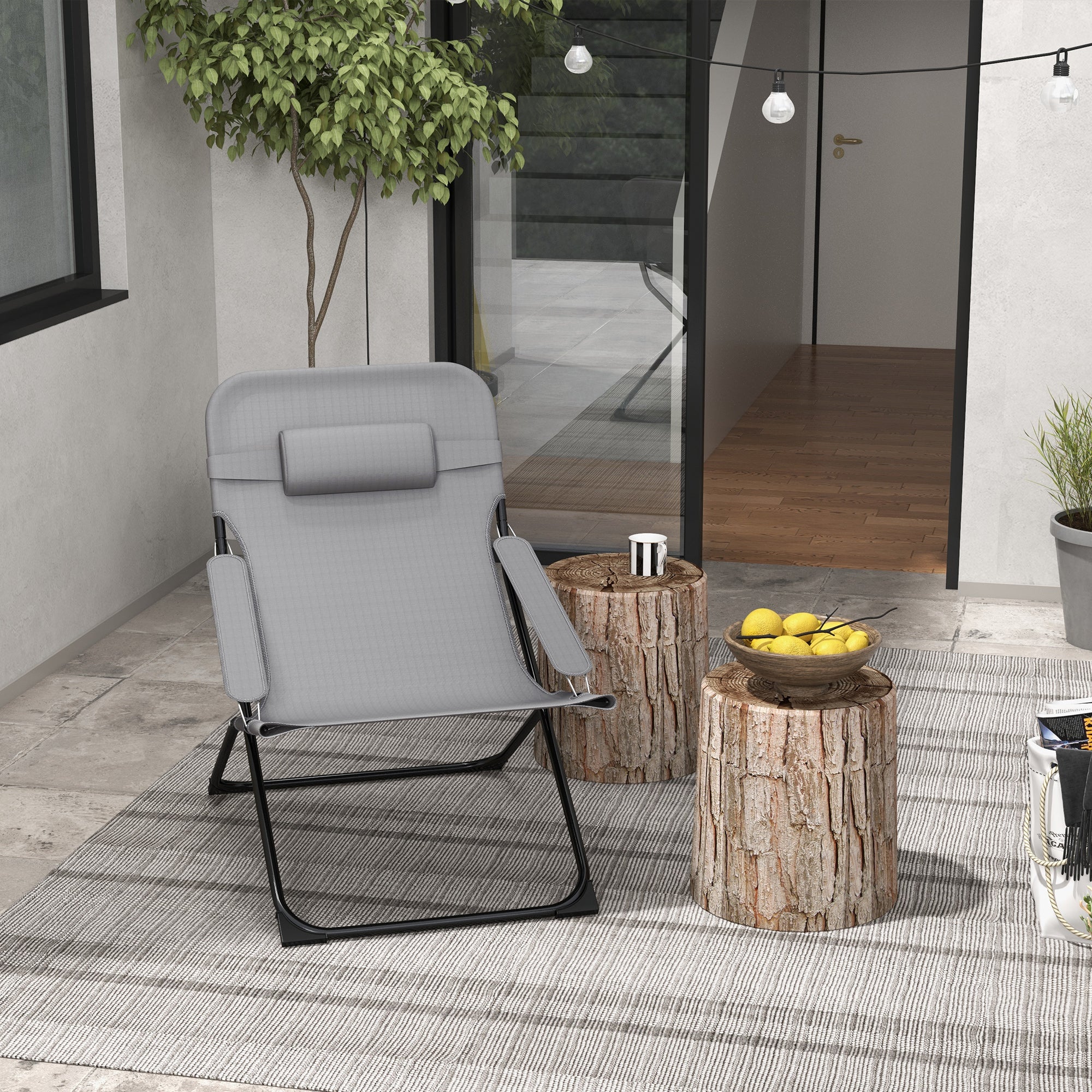 Folding and Reclining Garden Chair on 4 Levels, in Steel and Polyester, 69x91x96 cm, Black Gray - Borgè