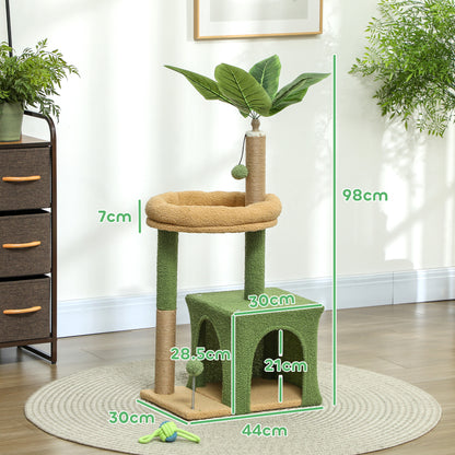 Cat Scratching Tree with House, Bed and 2 Balls, Made of Wood and Polyester, 44x30x98 cm, Green and Brown