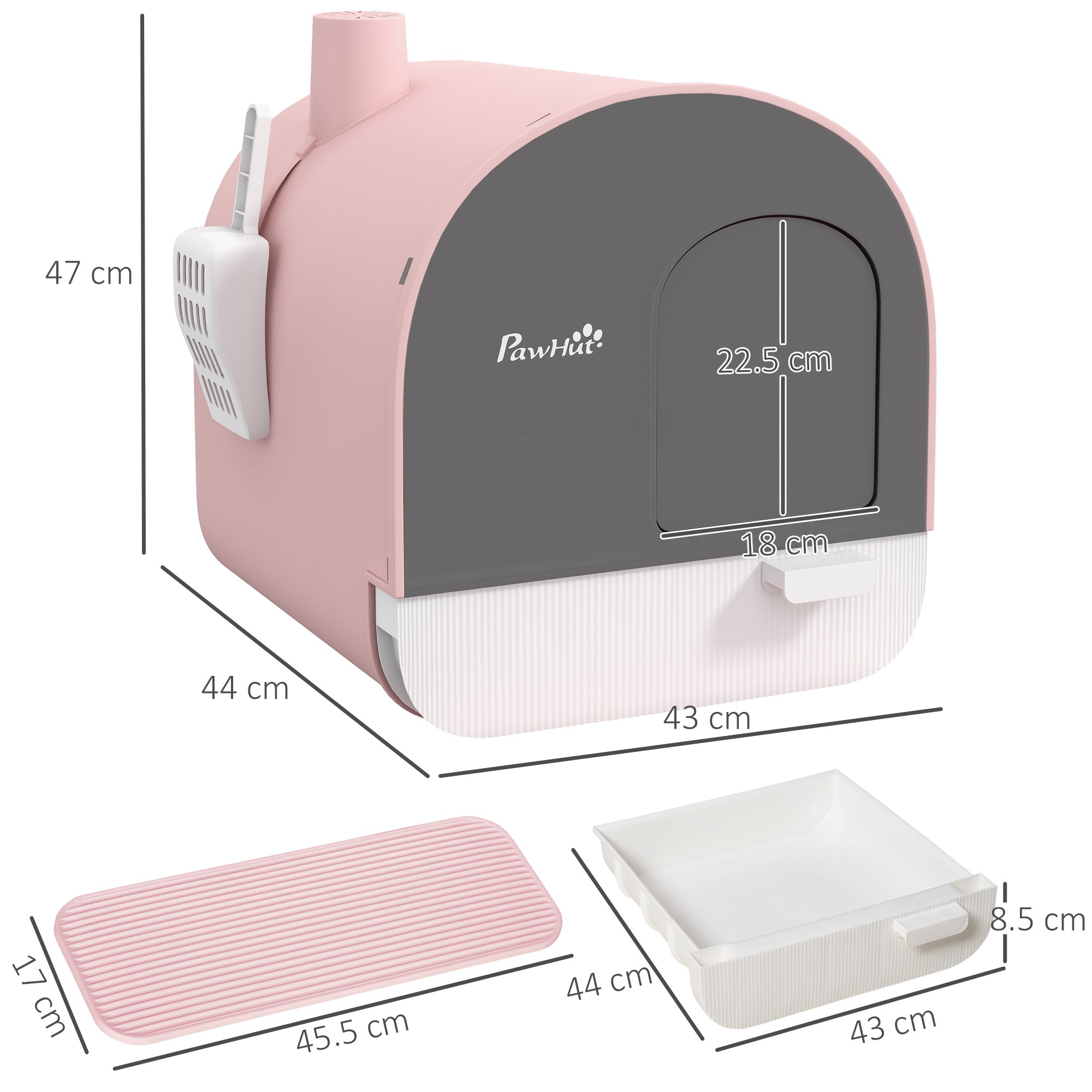 PawHut Closed Cat Litter Box with Filters, Scoop and Tray, PP Structure, 43x44x47cm, Pink - Borgè