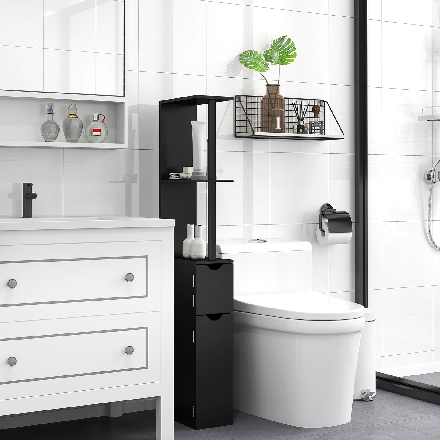 Bathroom Column with 2 Shelves and 2 Cabinets, Space-Saving Tall Cabinet 15.2x29.8x118 cm, Black