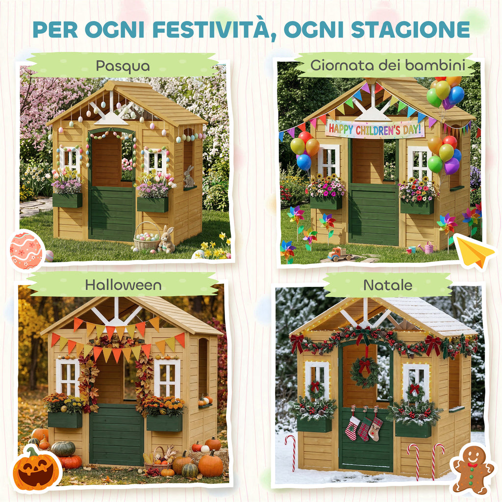 AIYAPLAY Children's Garden Playhouse Made of Fir Wood with Windows, 2 Planters, Door and Roof, Ages 3-8, Brown