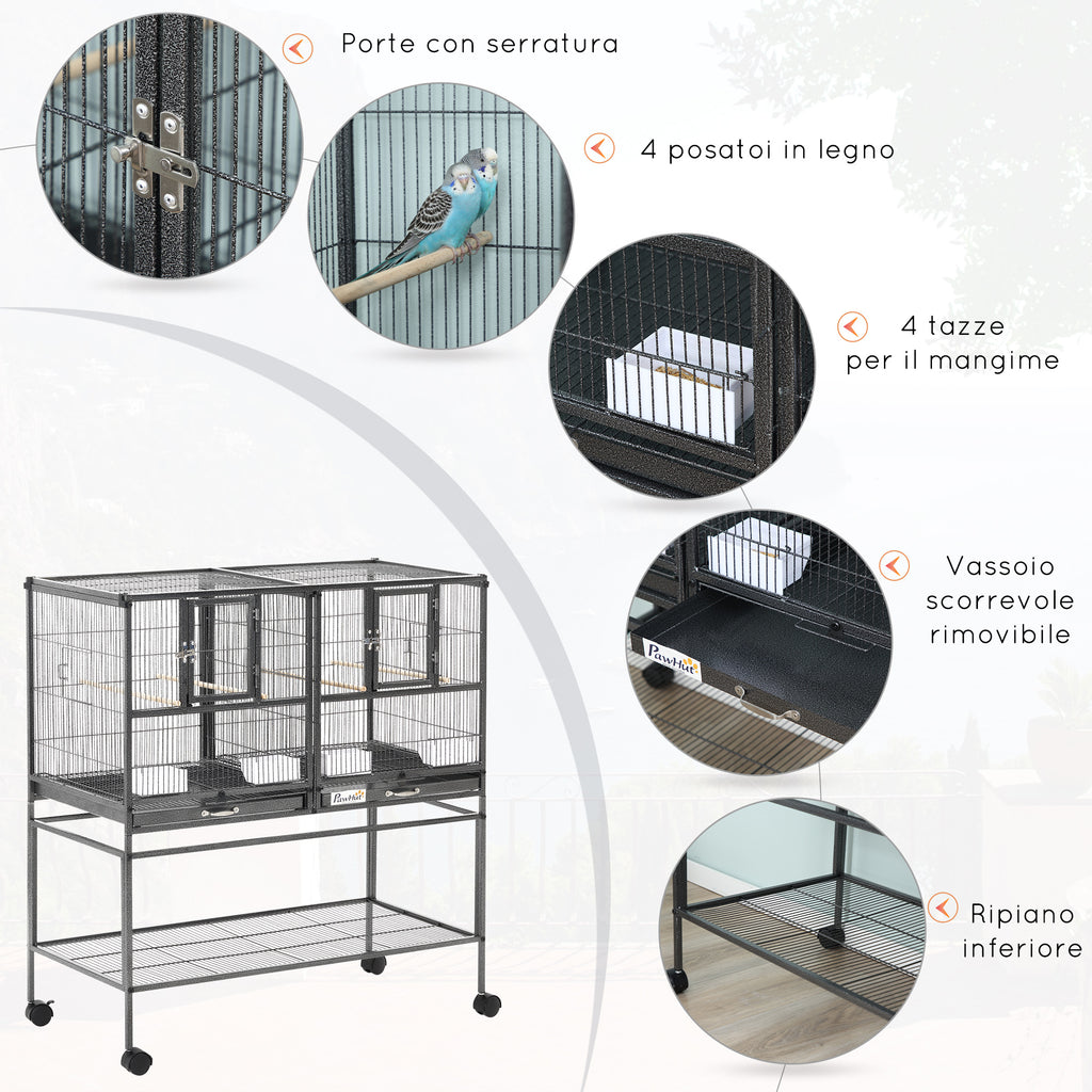 PawHut Double Metal Bird Cage with Removable Trays, Stand with 4 Wheels and Shelf, 95x45.5x102cm, Gray - Borgè