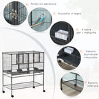 PawHut Double Metal Bird Cage with Removable Trays, Stand with 4 Wheels and Shelf, 95x45.5x102cm, Gray - Borgè