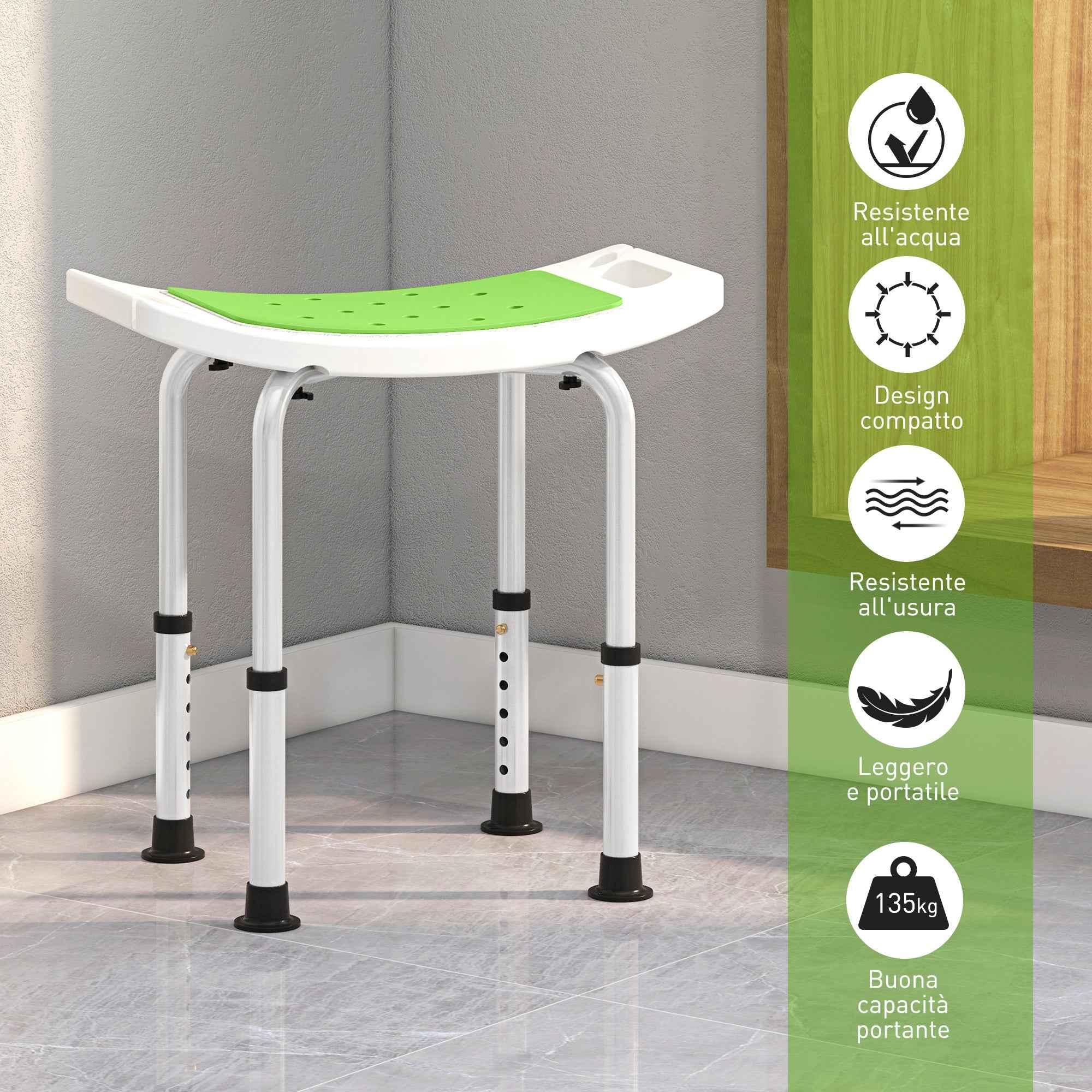 HOMCOM Shower Stool in Aluminum Alloy and Non-Slip Plastic, 6-Level Adjustable Height 39-52cm, Green
