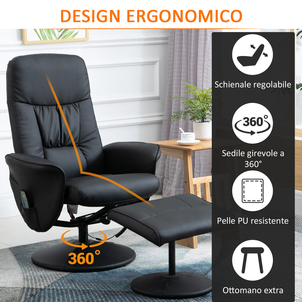 Massage Chair with Ottoman and Footrest, 145° Reclining, Swivel Seat and 10 Massage Points, Black