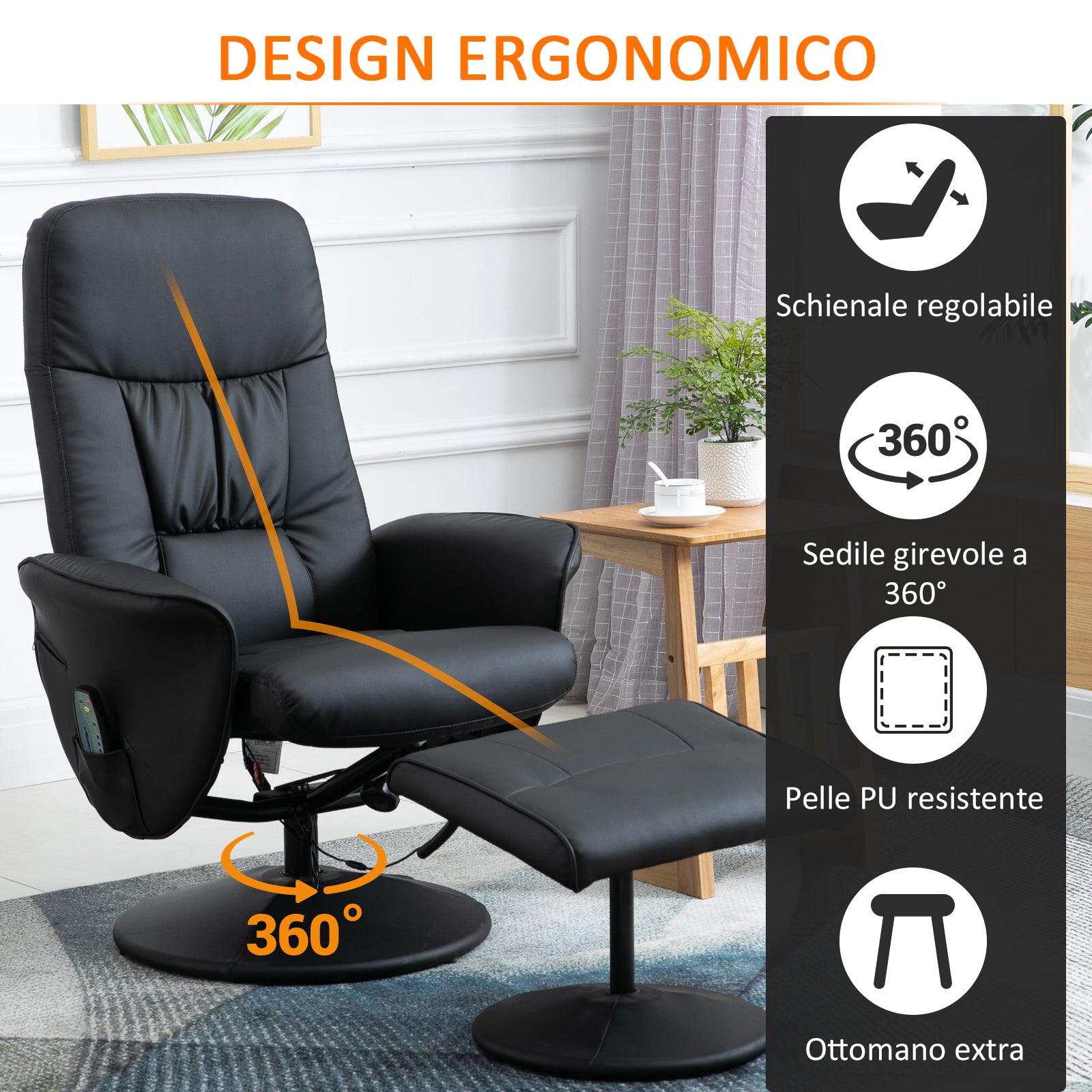 Massage Chair with Ottoman and Footrest, 145° Reclining, Swivel Seat and 10 Massage Points, Black