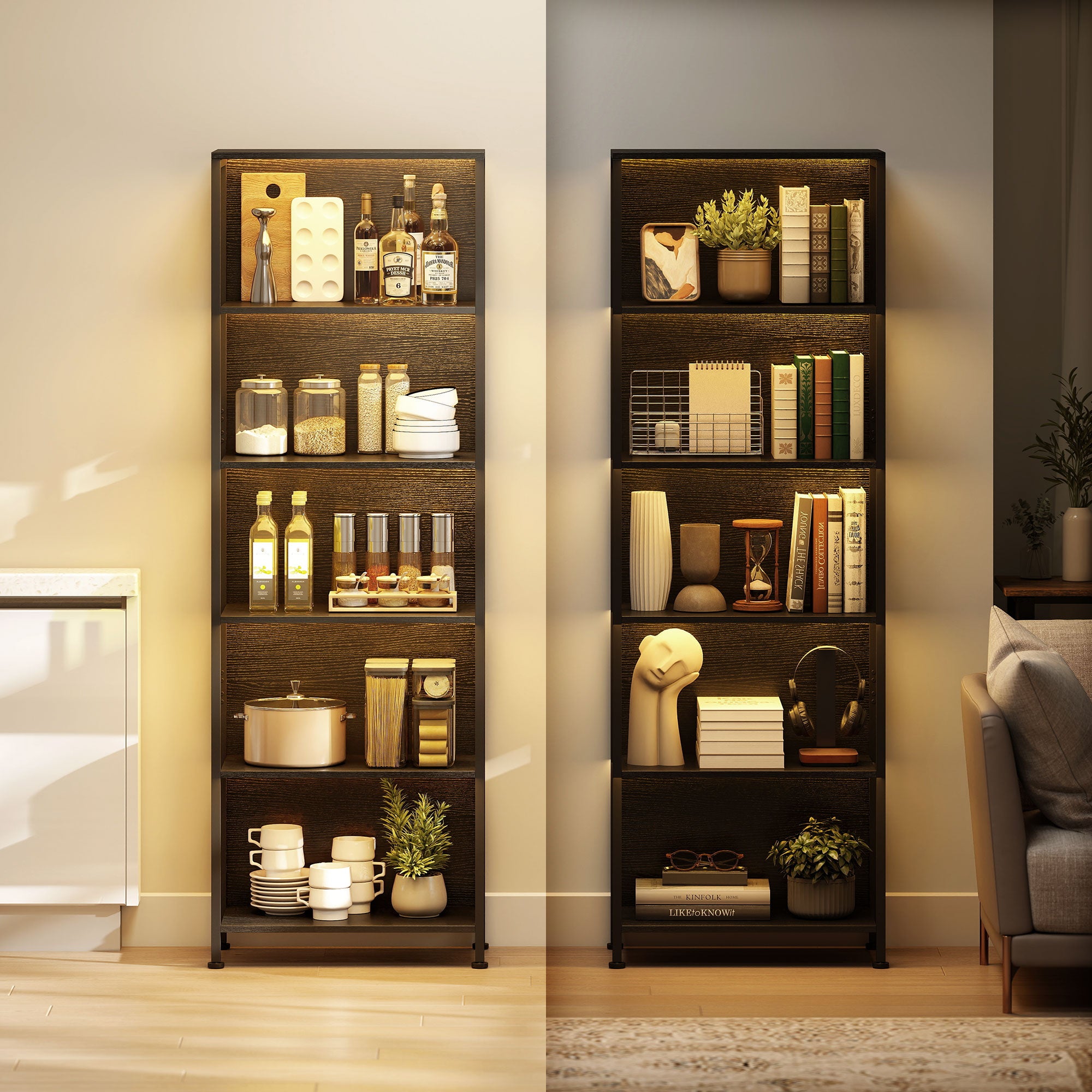 Industrial Style 5-Tier Bookcase with LED Lighting, Metal and Wood, 60x30x179 cm, Black