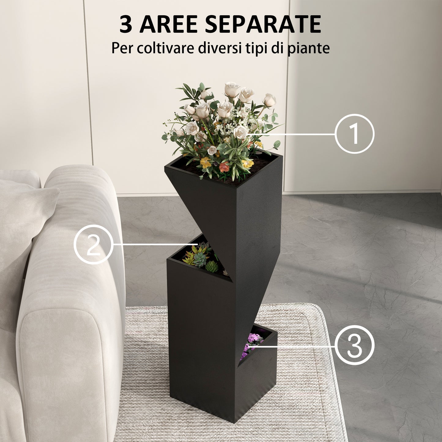 Outdoor Planter with 3 Growing Areas and Drainage Holes, Black Metal, 30x30x100 cm