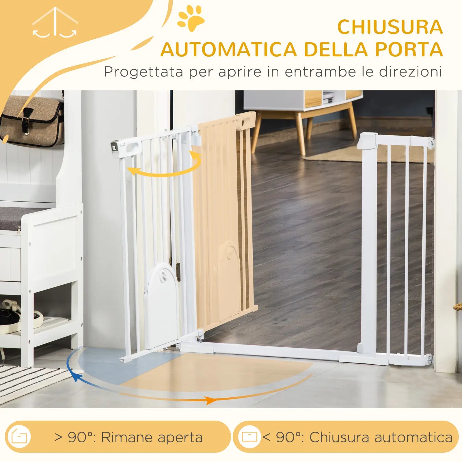 Extendable Dog Gate with Self-Closing Door, Metal and ABS, 75-131x76 cm, White - Borge' Group Limited