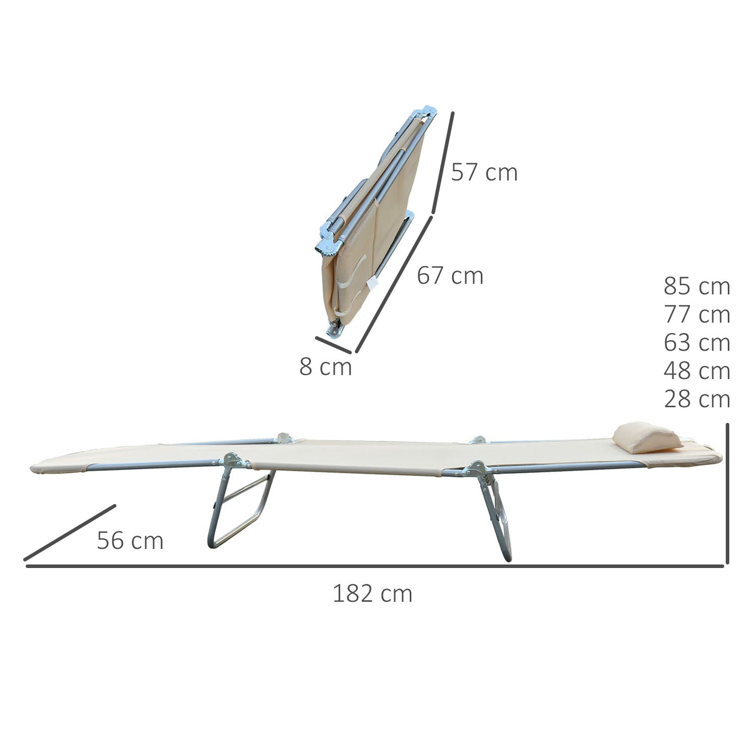 Outsunny Set of 2 Folding Sun Loungers with 4-Level Reclining Backrest, Metal and Mesh Fabric, Beige