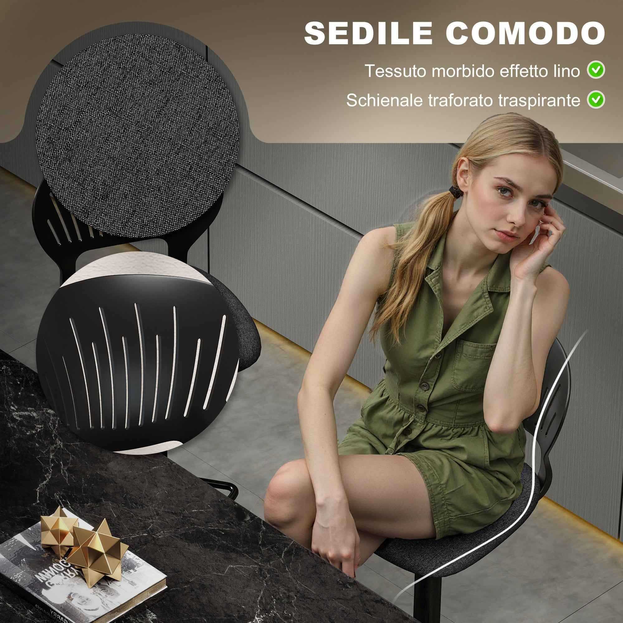 HOMCOM Set of 2 Breathable Linen-Effect Fabric and Metal Bar Stools with Footrest, 40.5x43x84-105 cm, Black