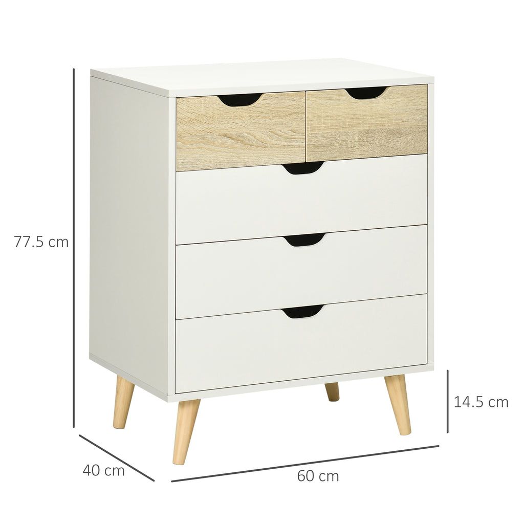 HOMCOM 5-drawer chest of drawers for bedroom with carved handles, 60x40x77.5cm, white and wood - Borgè