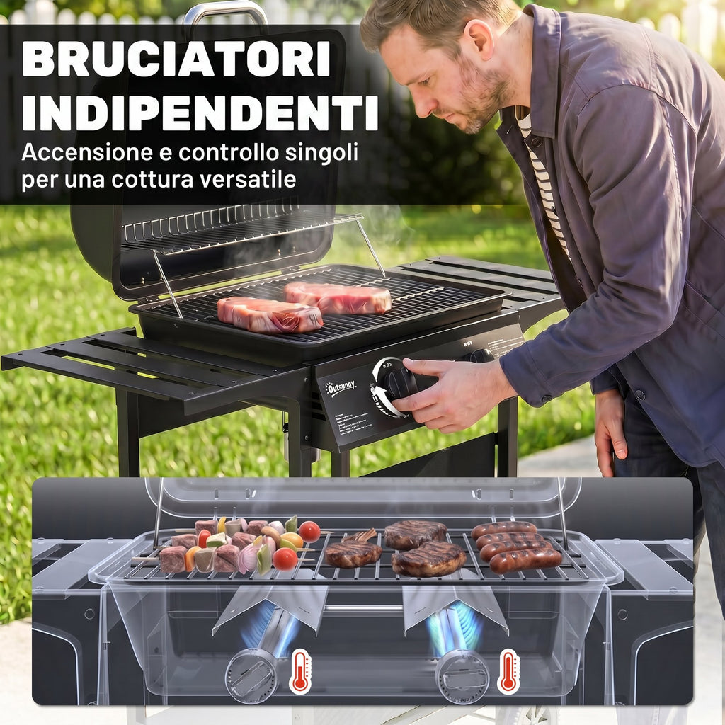 Outsunny Gas Barbecue, 2 Burners, Side Tables, Grease Tray, Black.