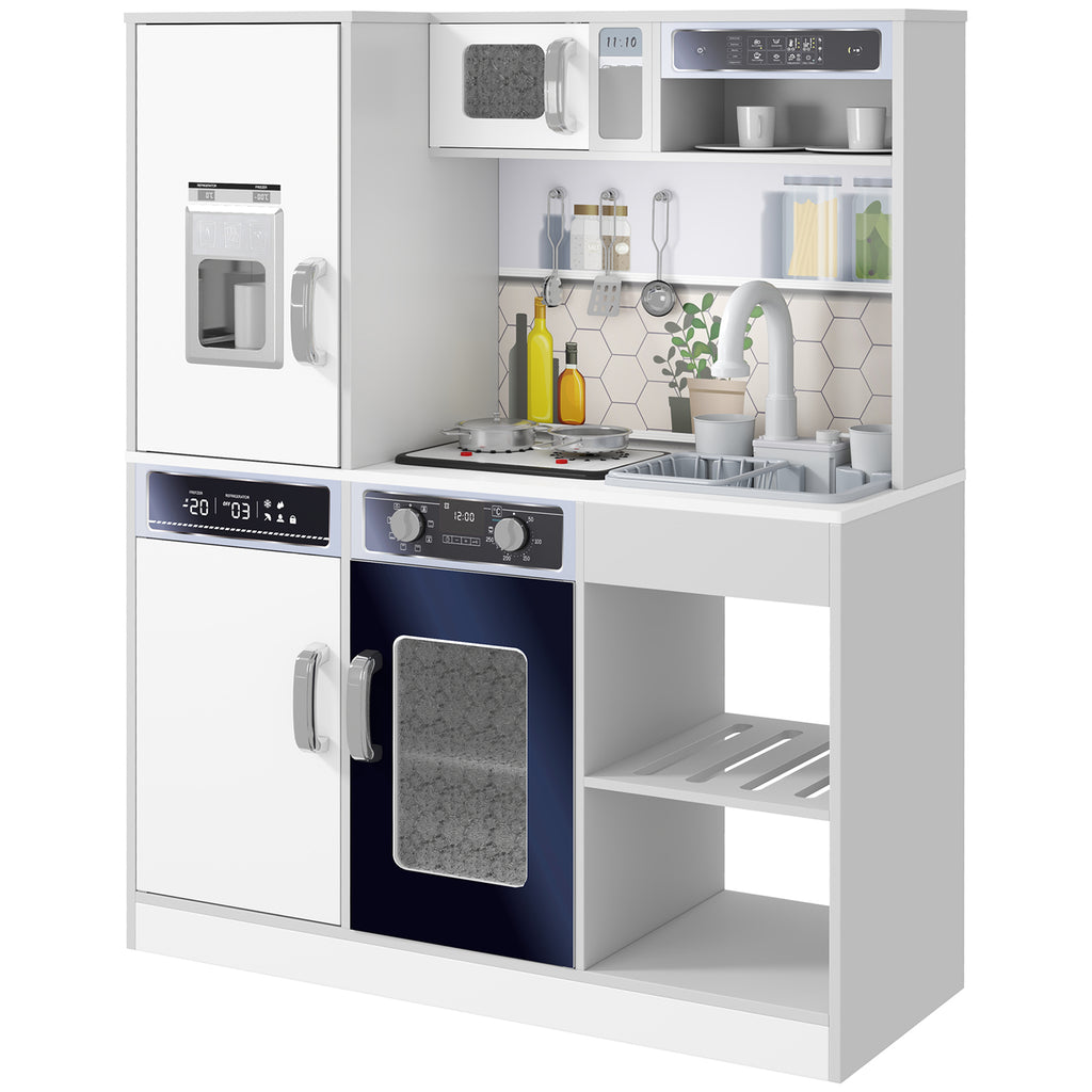 Wooden Toy Kitchen Set with Stove with Lights and Sounds, Sink with Water Circulation and Accessories, White