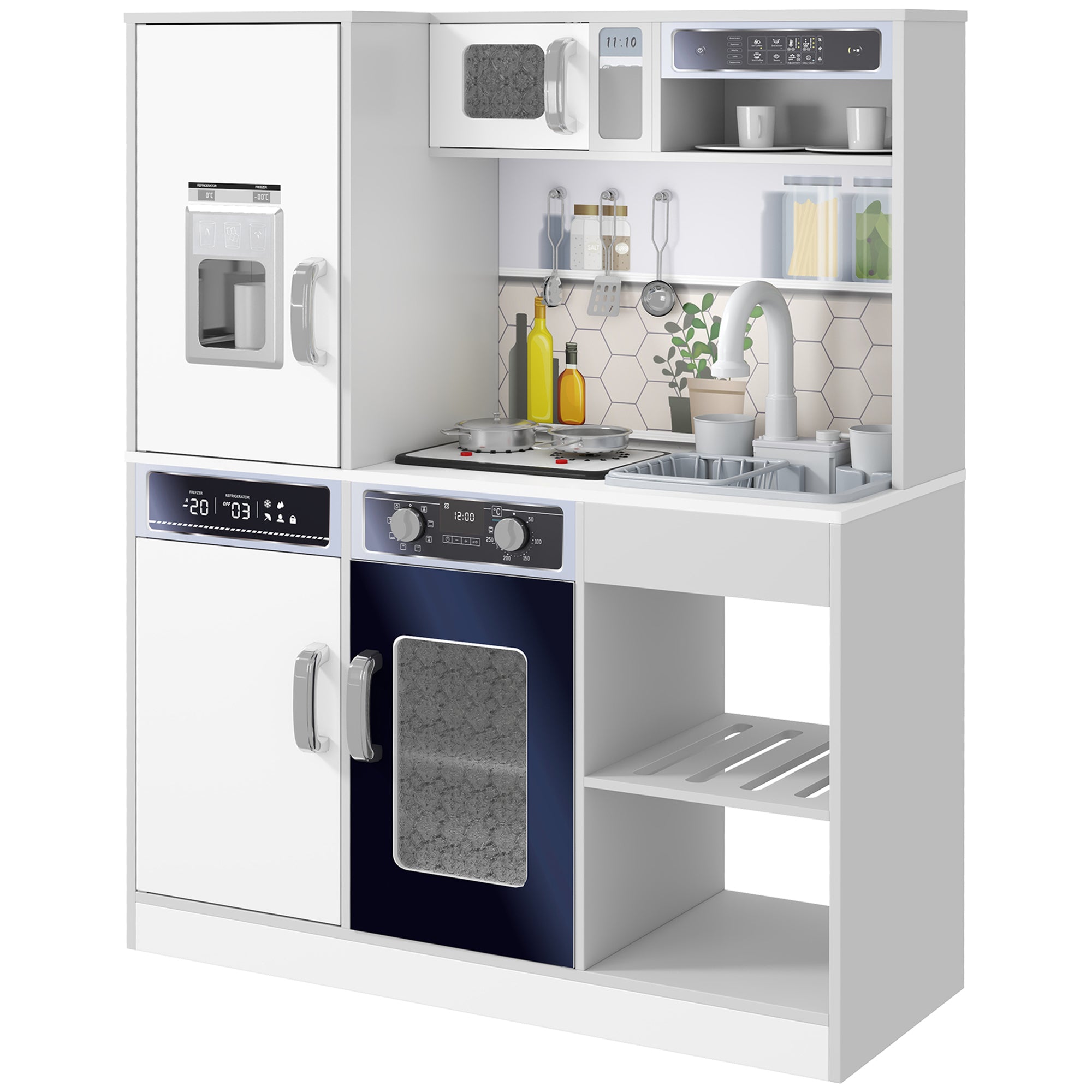 Wooden Toy Kitchen Set with Stove with Lights and Sounds, Sink with Water Circulation and Accessories, White