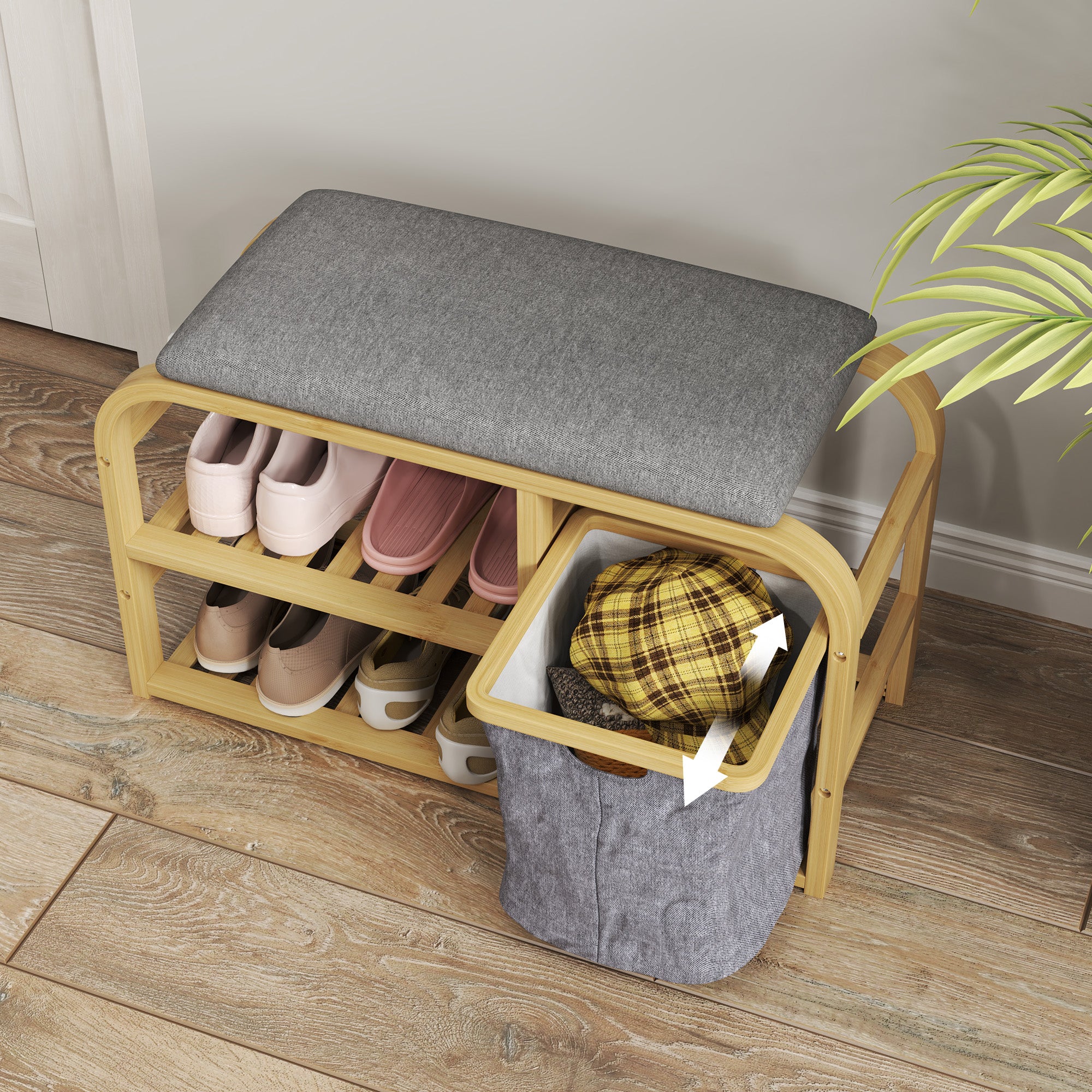 Entrance Shoe Rack Bench with Padded Seat, Slatted Design and Removable Basket, 70x30x45 cm, Wood