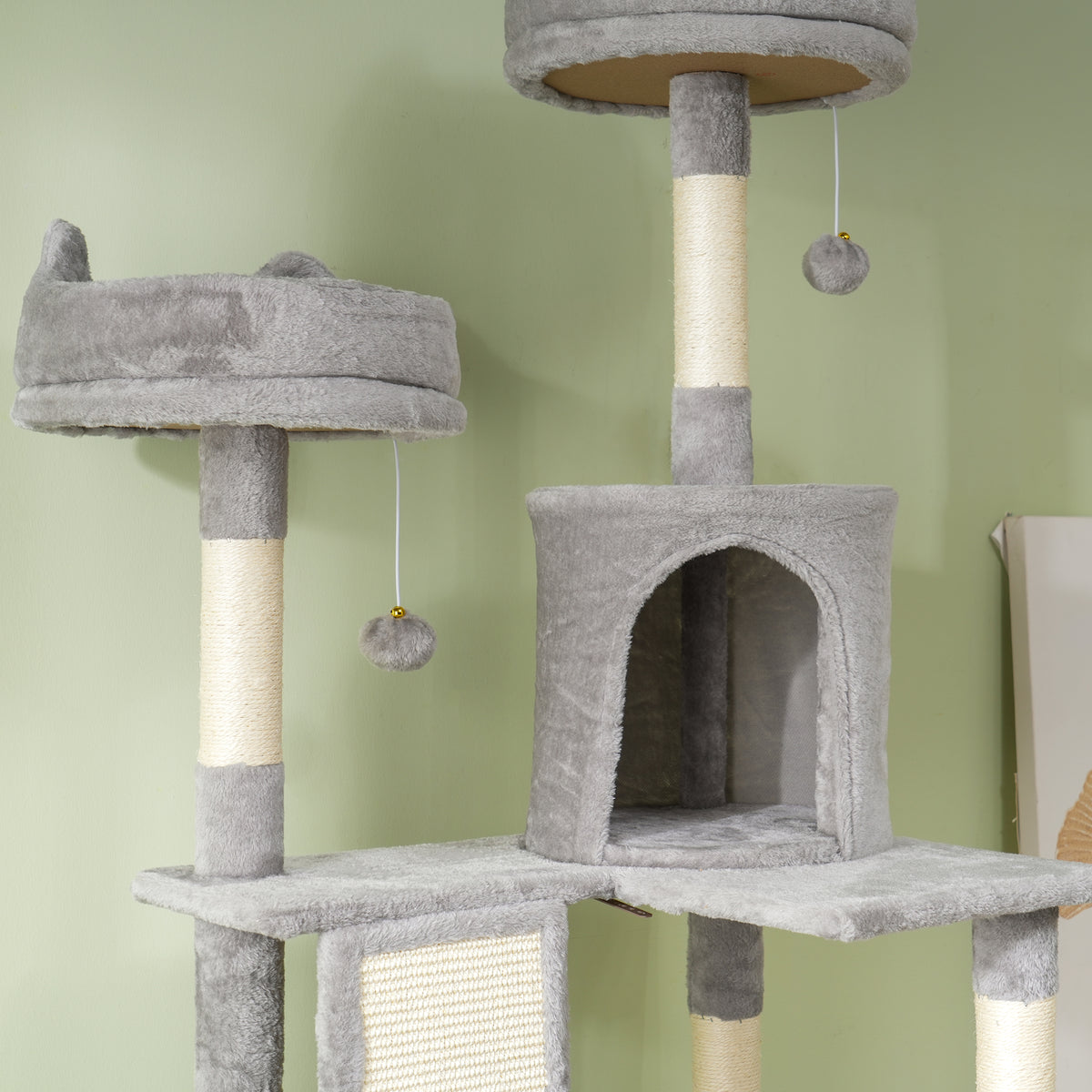 PawHut Cat Tree 206cm Tall with 4 Scratching Posts, Caves, Baskets, Hammocks, for 1-3 Kittens 6kg, Light Grey