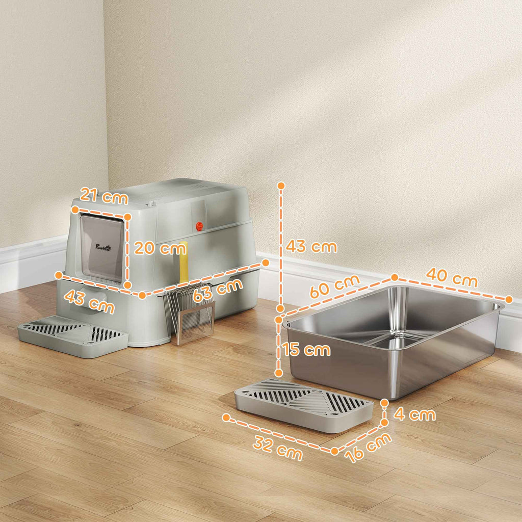 PawHut 80L Enclosed Cat Litter Box with Removable Tray, ABS and Stainless Steel, 63x43x43 cm, Light Grey