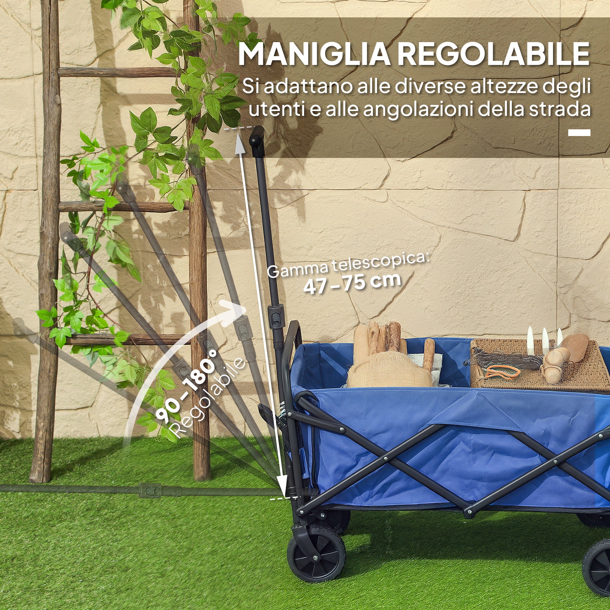 Outsunny 62L Folding Garden Cart with Adjustable Handle, Metal and Oxford Fabric, 76x48x86 cm, Blue