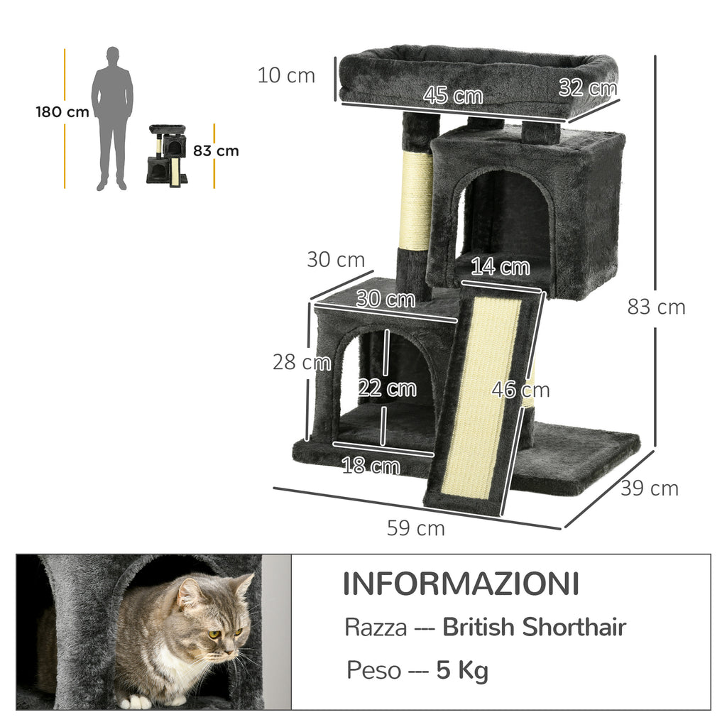 Scratching Tree for Cats with Sisal Poles, Bed and 2 Houses, 59x39x83cm, Dark Gray