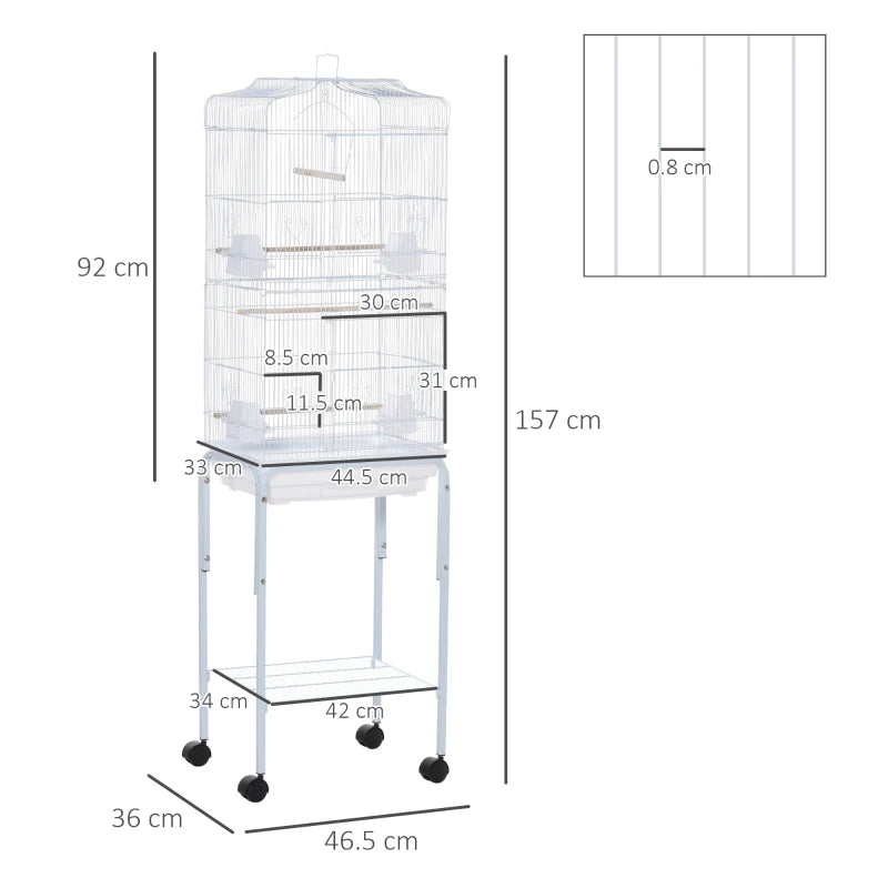 Pawhut bird cage, metal and steel aviary with wheels, tree and bowls, 46.5x36x157cm - white