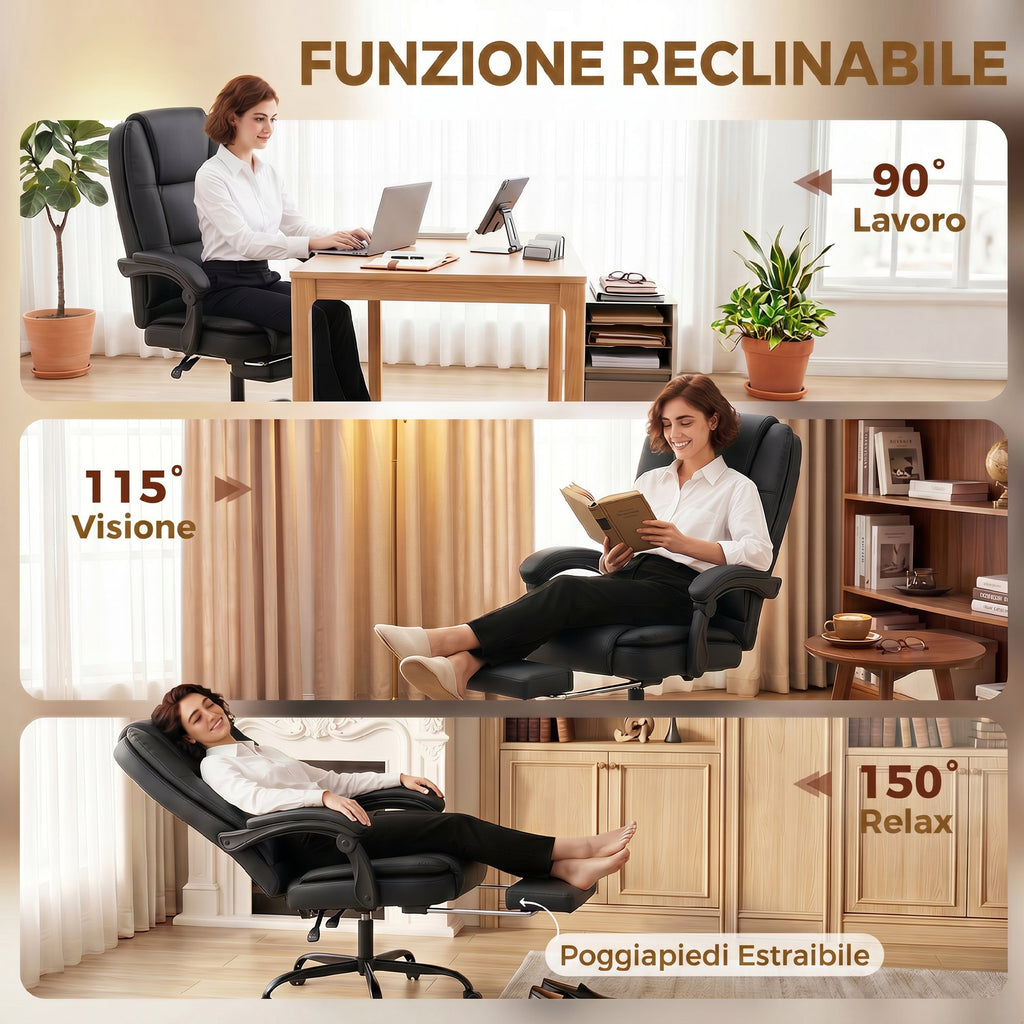 HOMCOM Ergonomic Office Chair with 150° Reclining Footrest, Cotton and Metal, 65x67x112-122 cm, Black