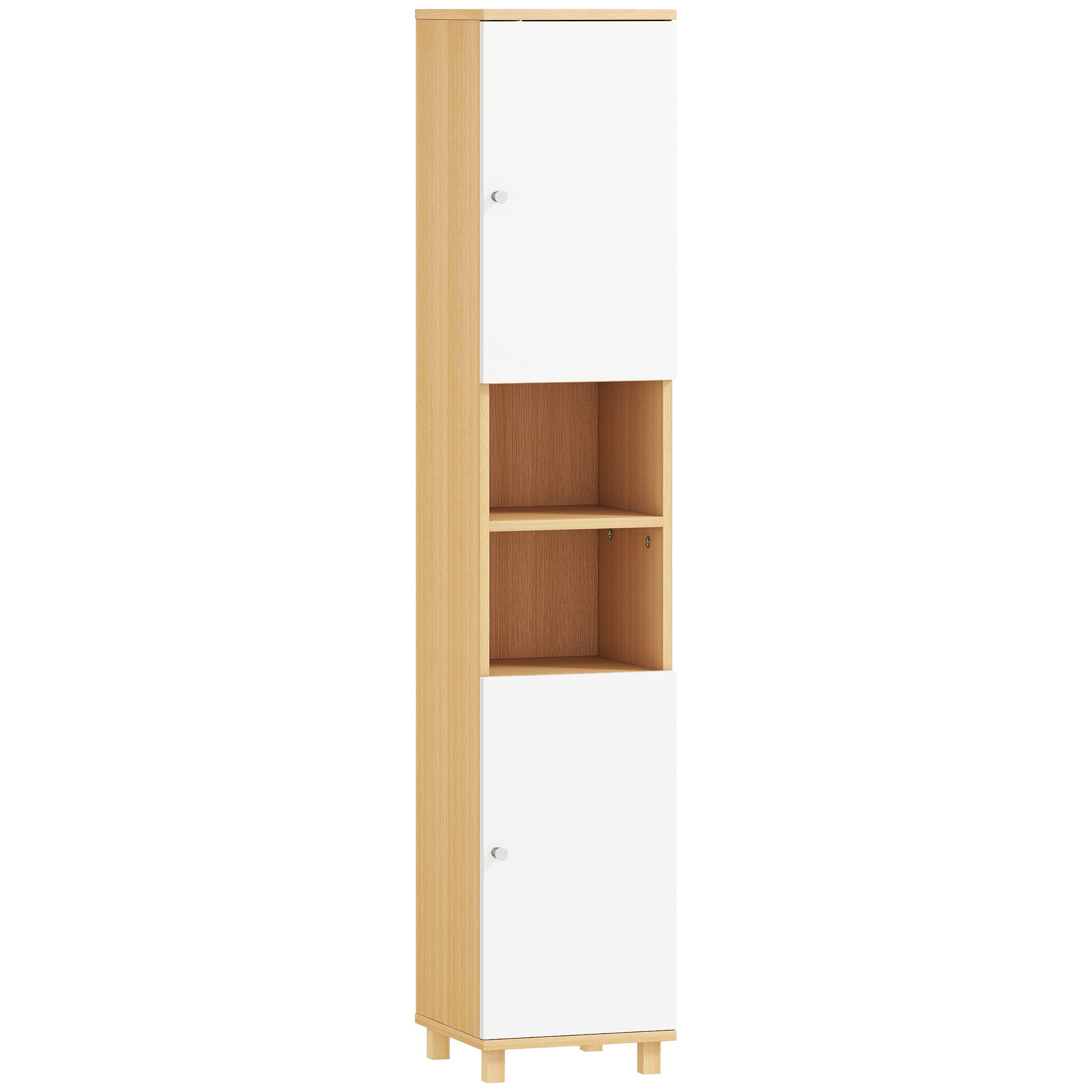 Bathroom Cabinet with 2 Cabinets and Open Shelves, Adjustable Internal Shelves, 30x30x166 cm, White and Wood