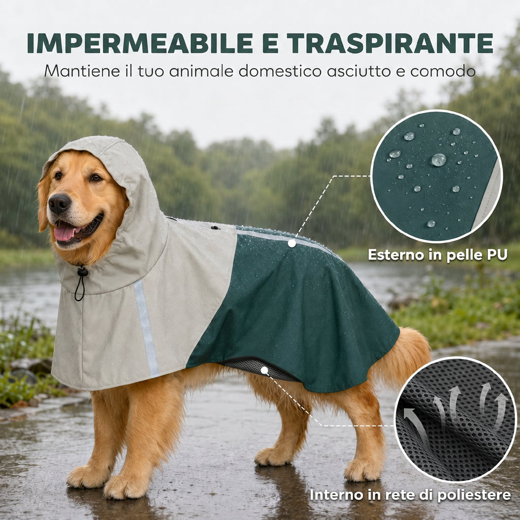 PawHut Dog Raincoat with Hood, Leash Hole, and Reflective Stripes, for Large Dogs, Green