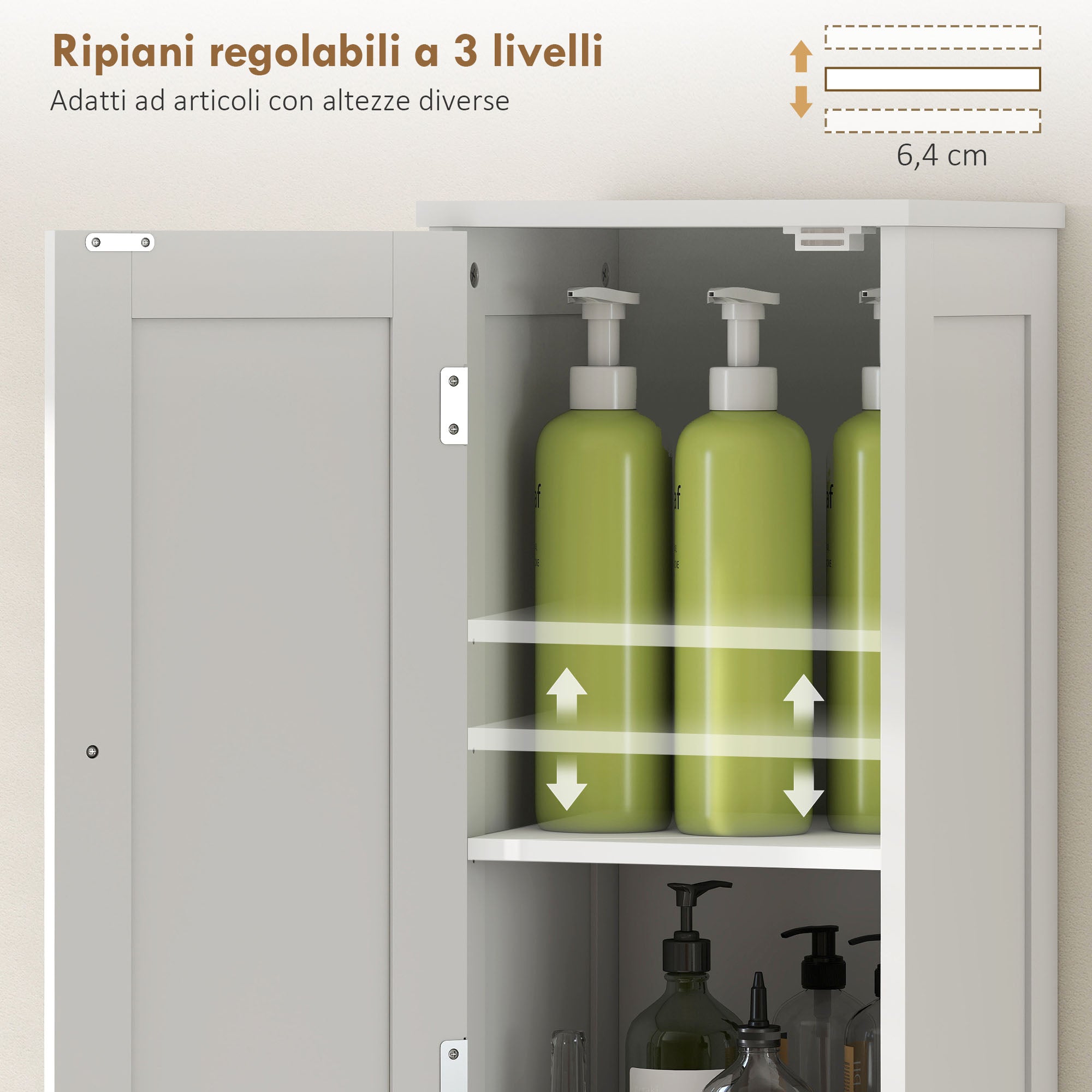 Tall Bathroom Cabinet with 2 Open Shelves and 2 Adjustable Shelving Cabinets, Wooden, 30x30x170 cm, White