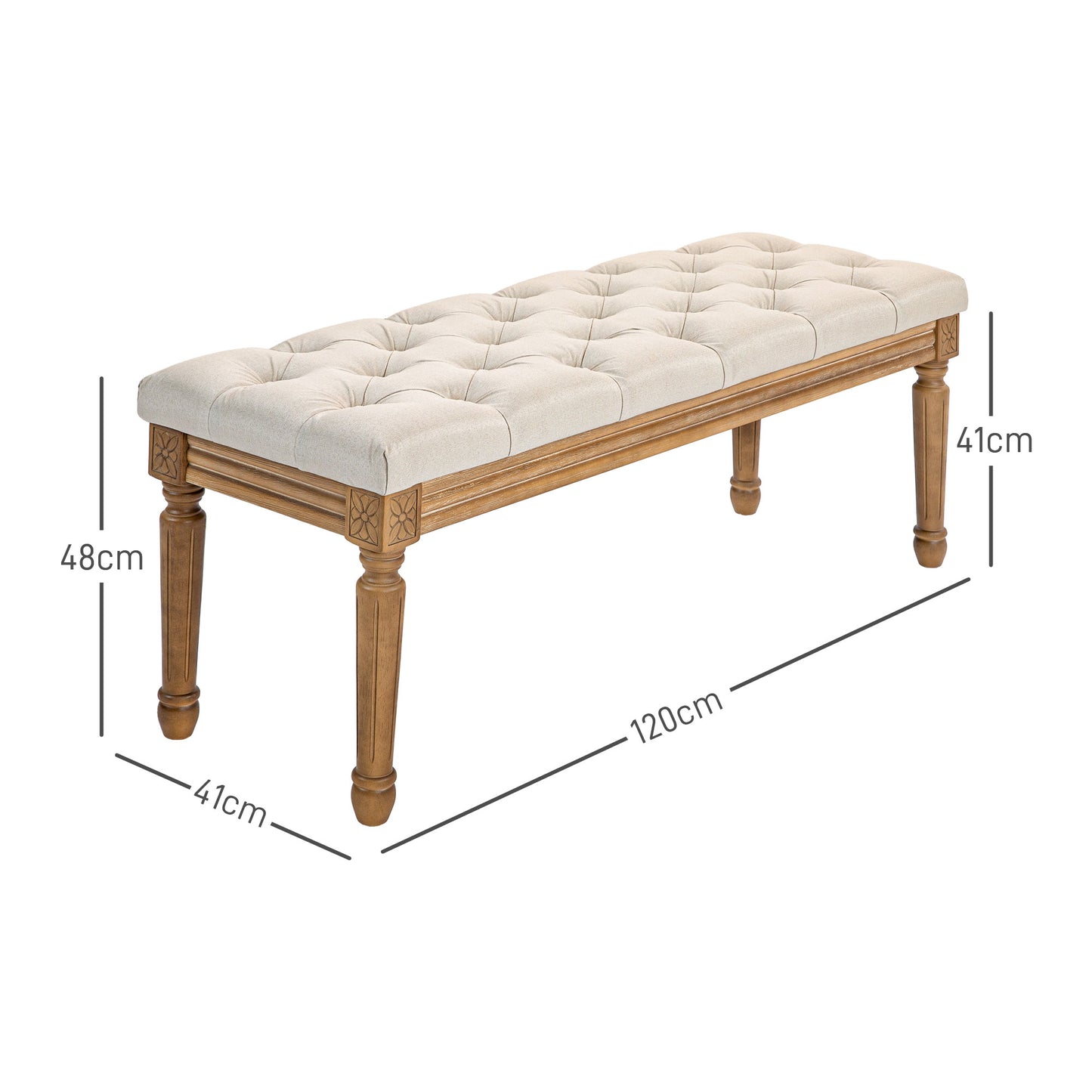 Padded Bed Bench with Button-tufted Seat in Fabric and Wood, 120x41x48cm, Cream