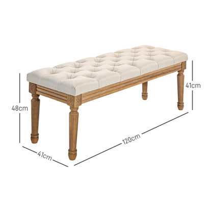 Padded Bed Bench with Button-tufted Seat in Fabric and Wood, 120x41x48cm, Cream