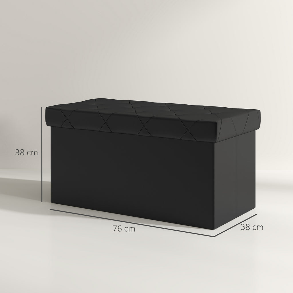 84L Folding Storage Bench, Padded Lid and Faux Leather Upholstery, 76x38x38cm, Black