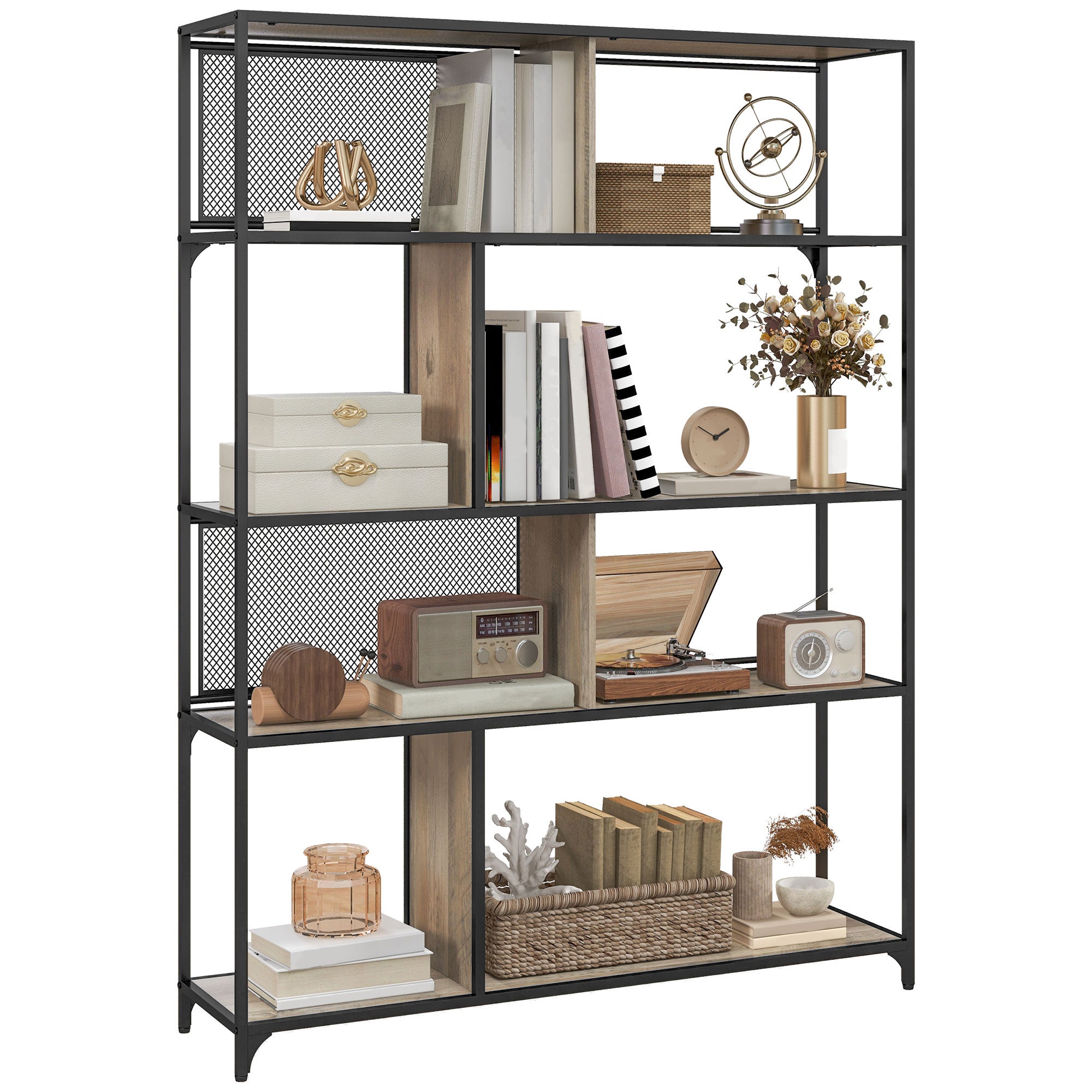 Industrial Book Shelf with 5 Levels with Metal Door, in Wood and Steel, 120x30x161 cm, Black and Gray