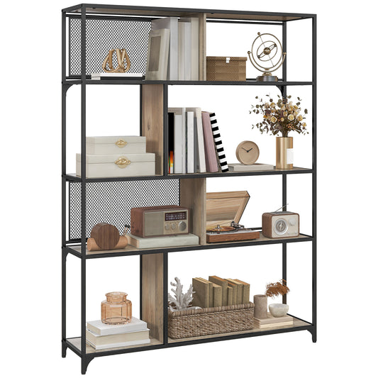 Industrial Book Shelf with 5 Levels with Metal Door, in Wood and Steel, 120x30x161 cm, Black and Gray