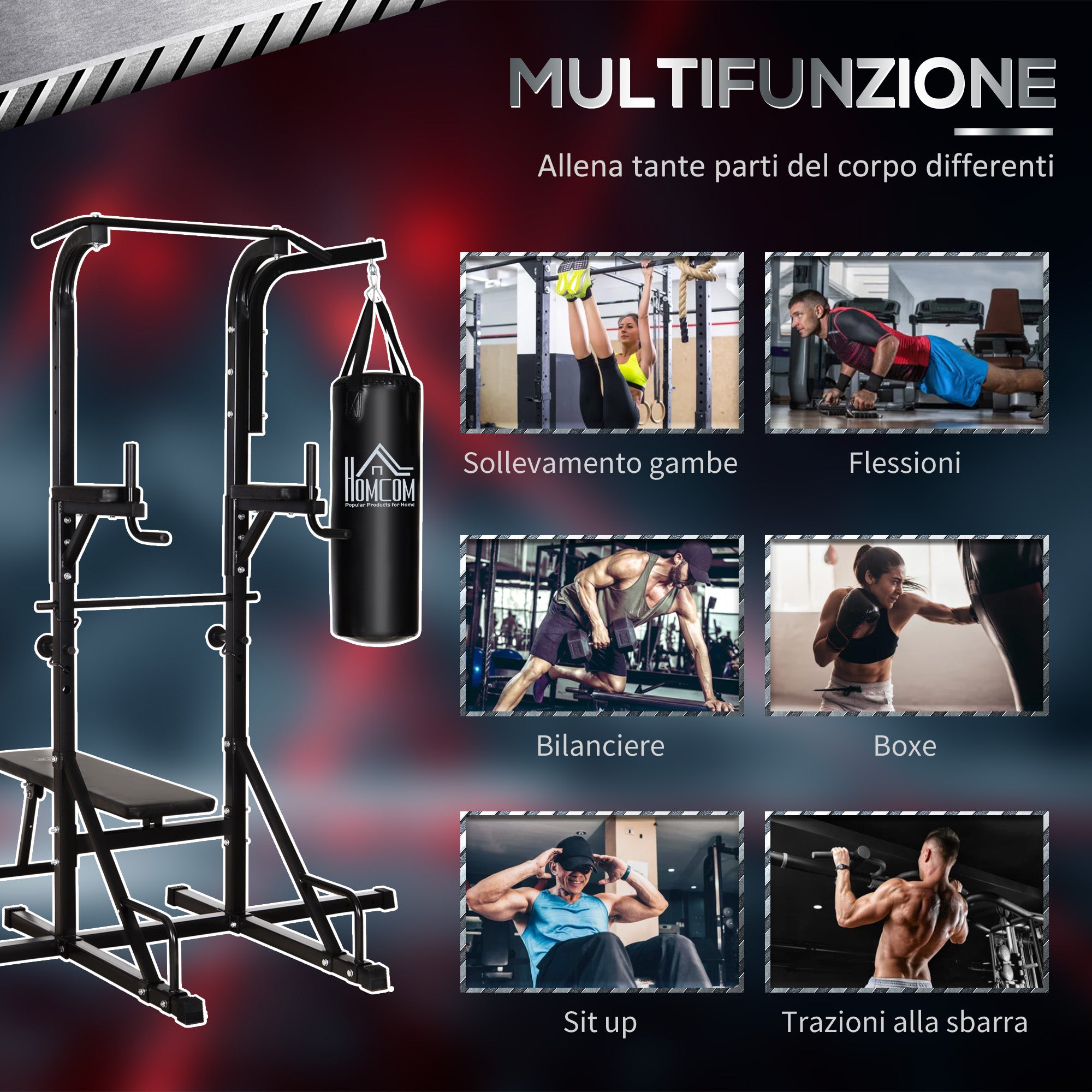 Power Tower with Bench and 20kg Punching Bag, Black Steel Multi-Purpose Station for Total Body Training