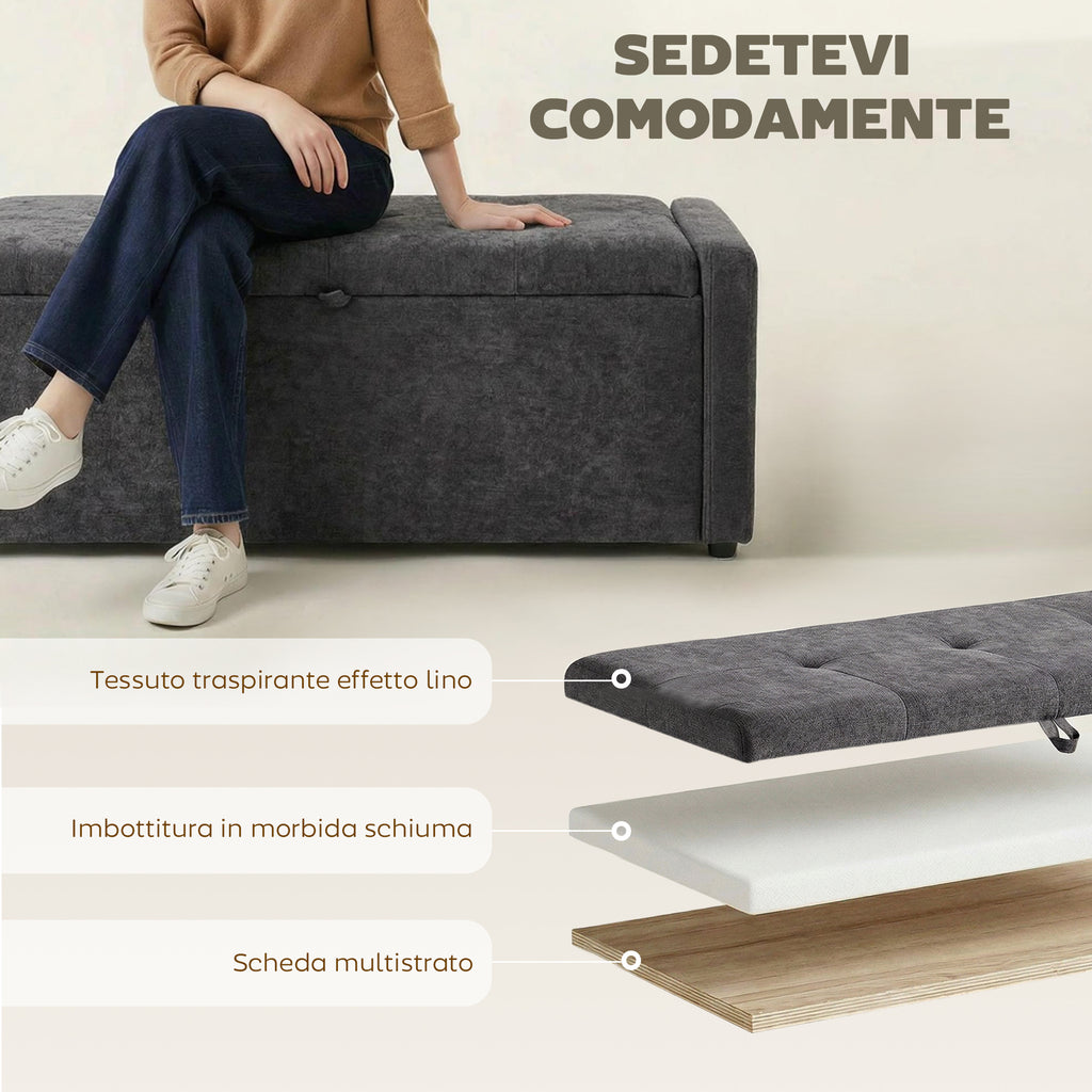 HOMCOM 142L Storage Ottoman, Wide Padded Seat, Linen, 200 kg Capacity, Dark Grey