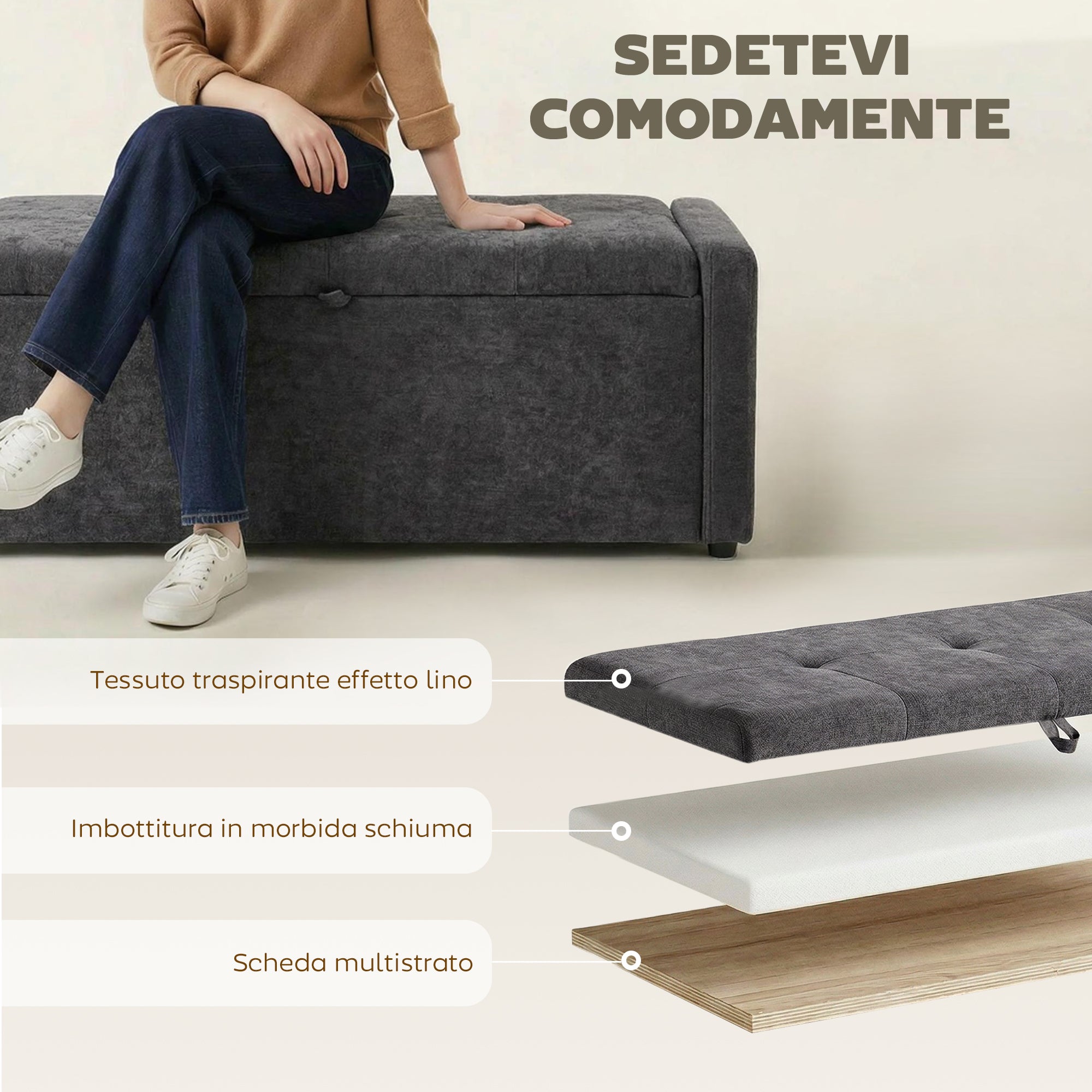 HOMCOM 142L Storage Ottoman, Wide Padded Seat, Linen, 200 kg Capacity, Dark Grey