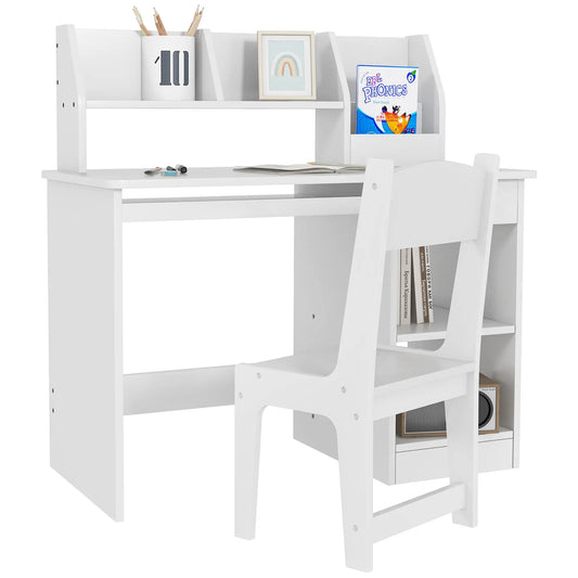 Children's Desk and Chair for 5-8 Years Old with Shelf and Pull-out Shelf in White Wood